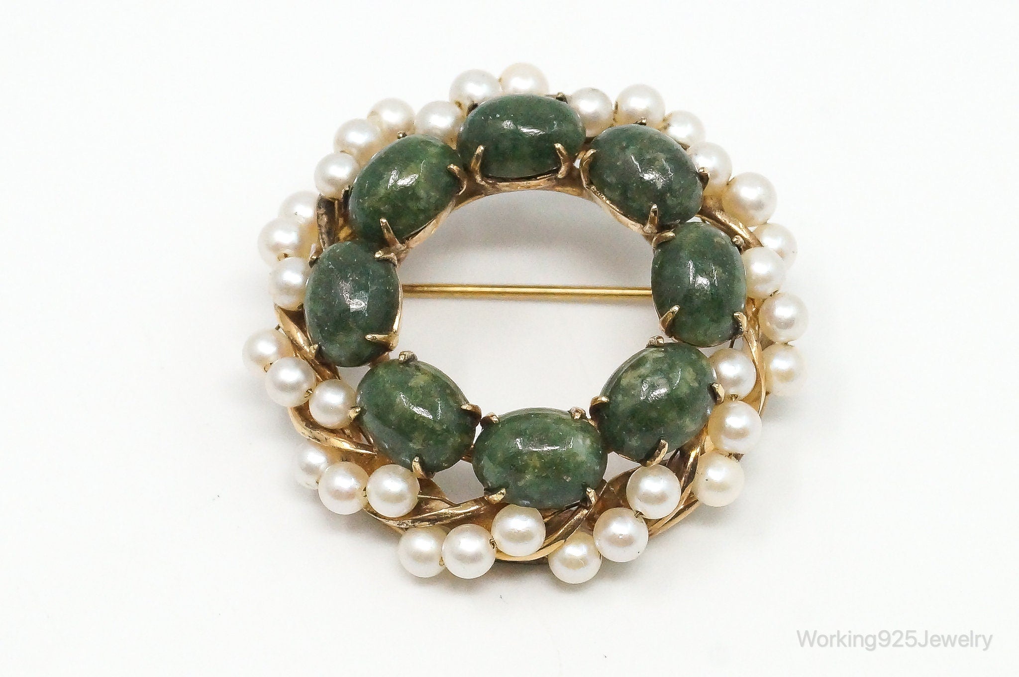 Antique Designer A & Z Gold Filled Jade Faux Pearl Sterling Silver Brooch Pin