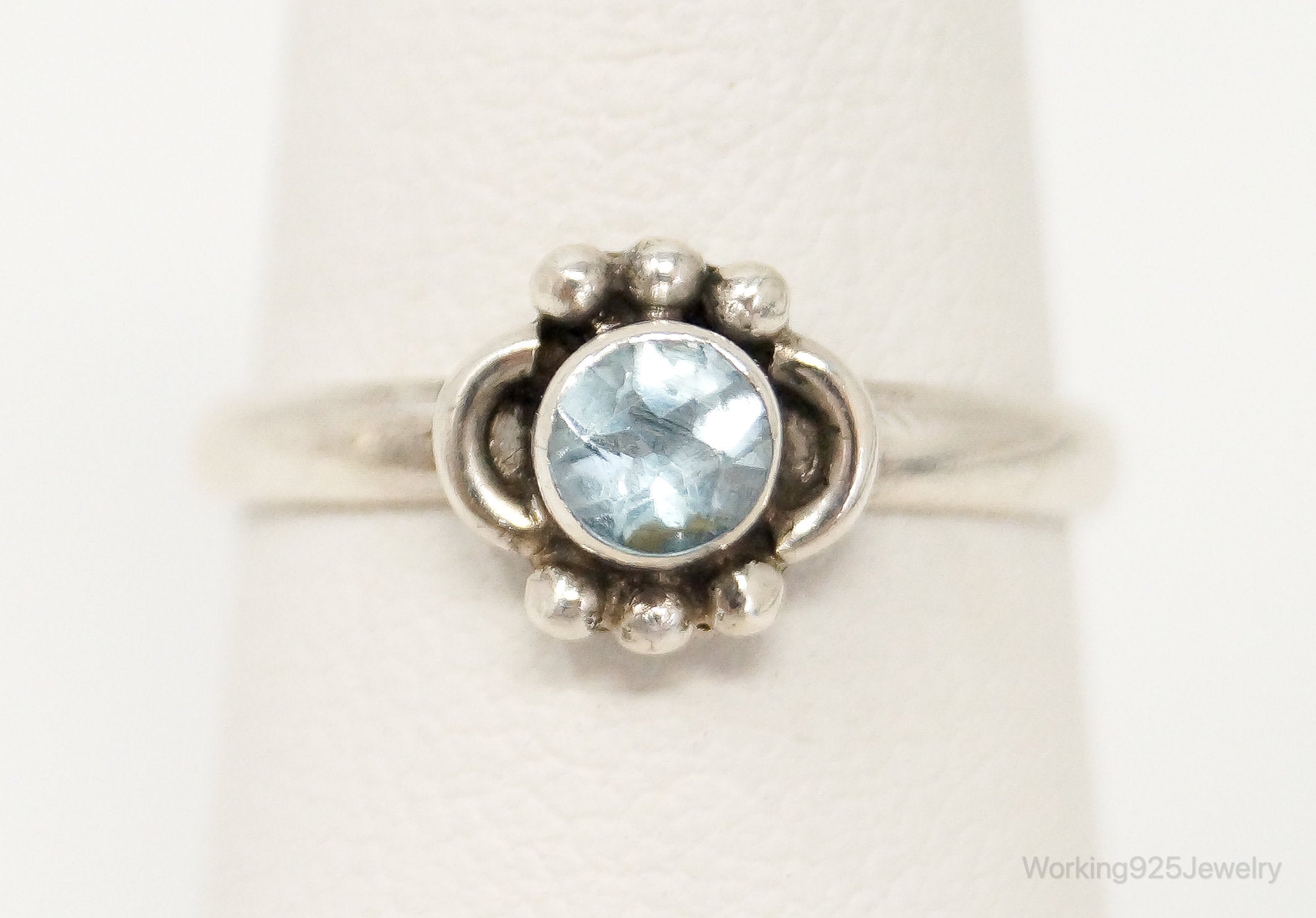 Vintage Bali Style Blue Topaz Sterling Silver Ring - SZ 6