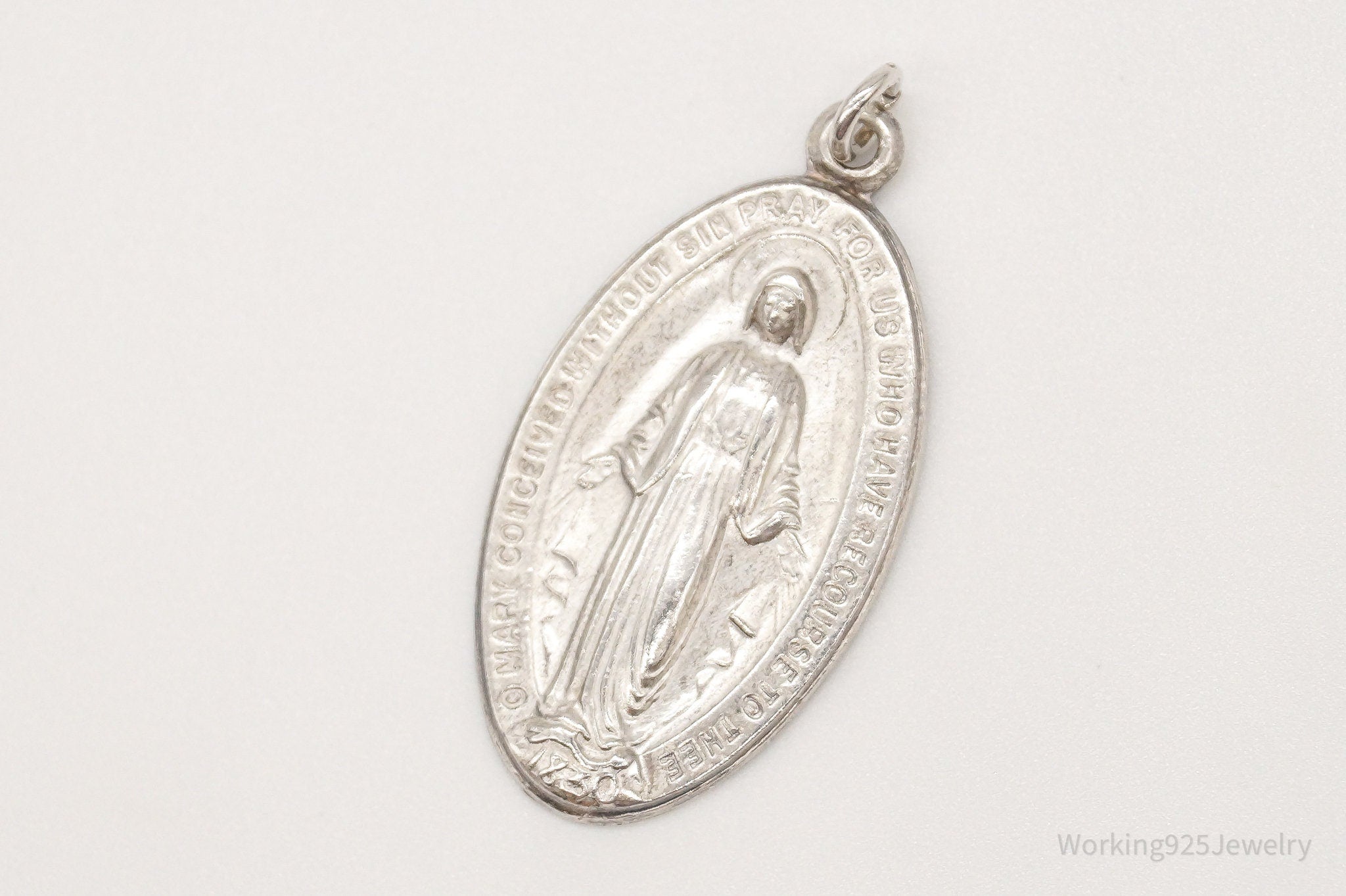 Antique Mary Pray For Us Sterling Silver Pendant