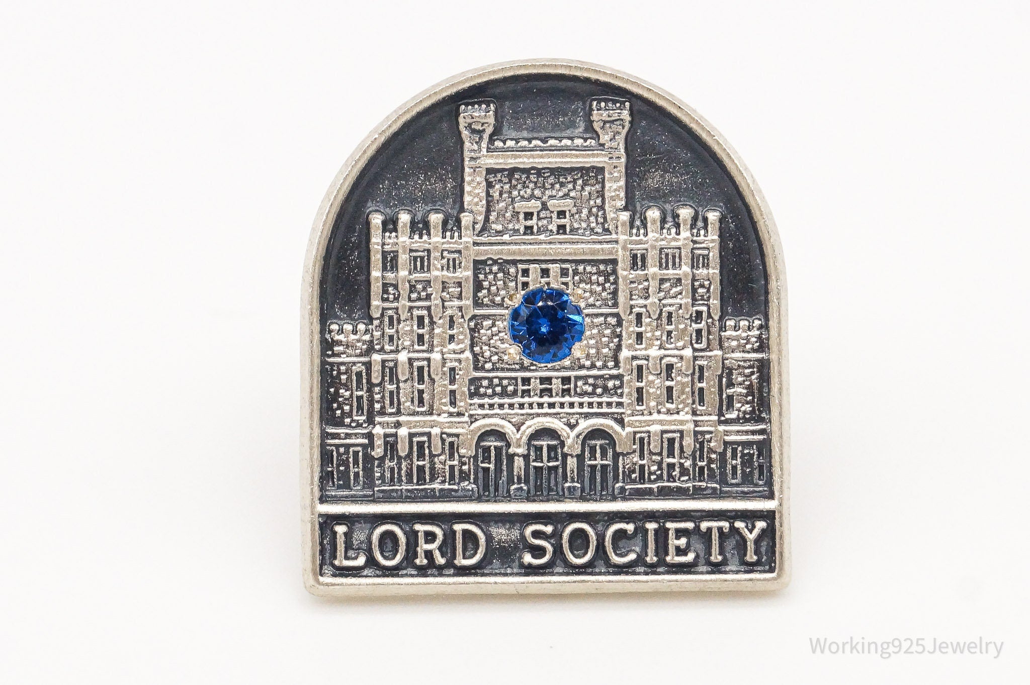 RARE Vintage " Lord Society " Blue Stone Sterling Silver Lapel Brooch Pin