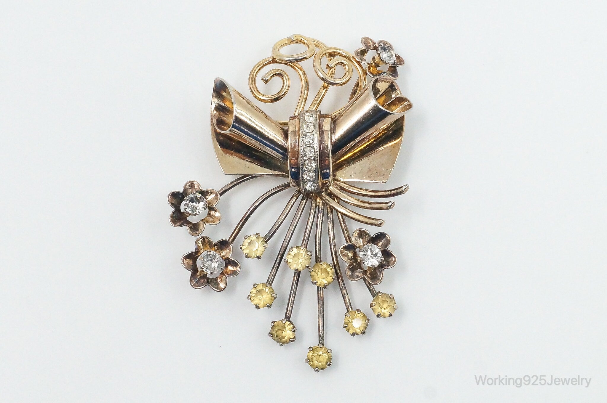 Large Antique Rhinestone Gold Tone Sterling Silver Brooch Pin