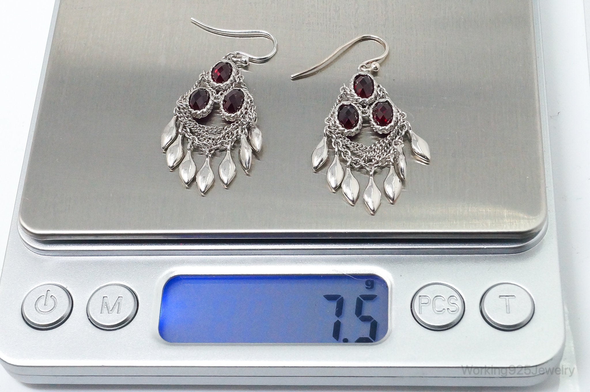 Vintage Designer Garnet Chandelier Sterling Silver Earrings