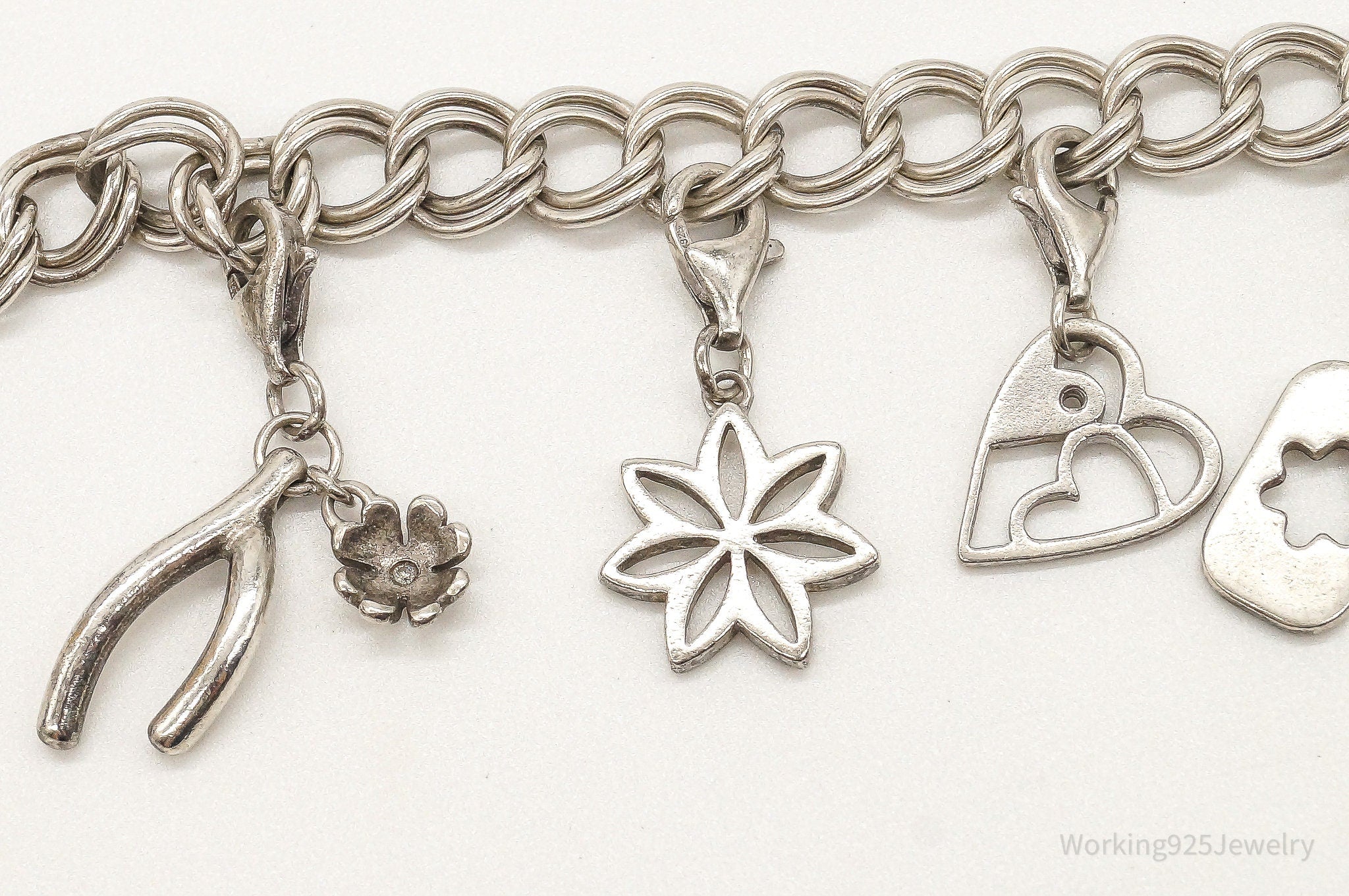 Vintage Hearts & Flowers Charms Diamond Sterling Silver Bracelet