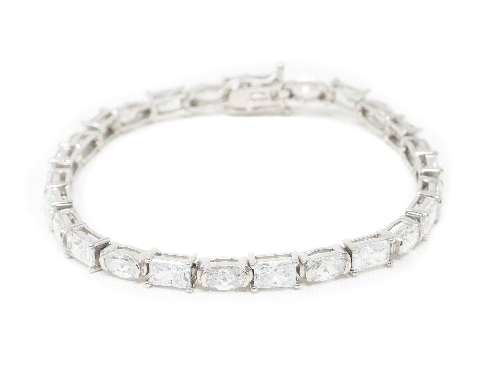 Vintage Art Deco Mid Century Cubic Zirconia Sterling Silver Tennis Bracelet