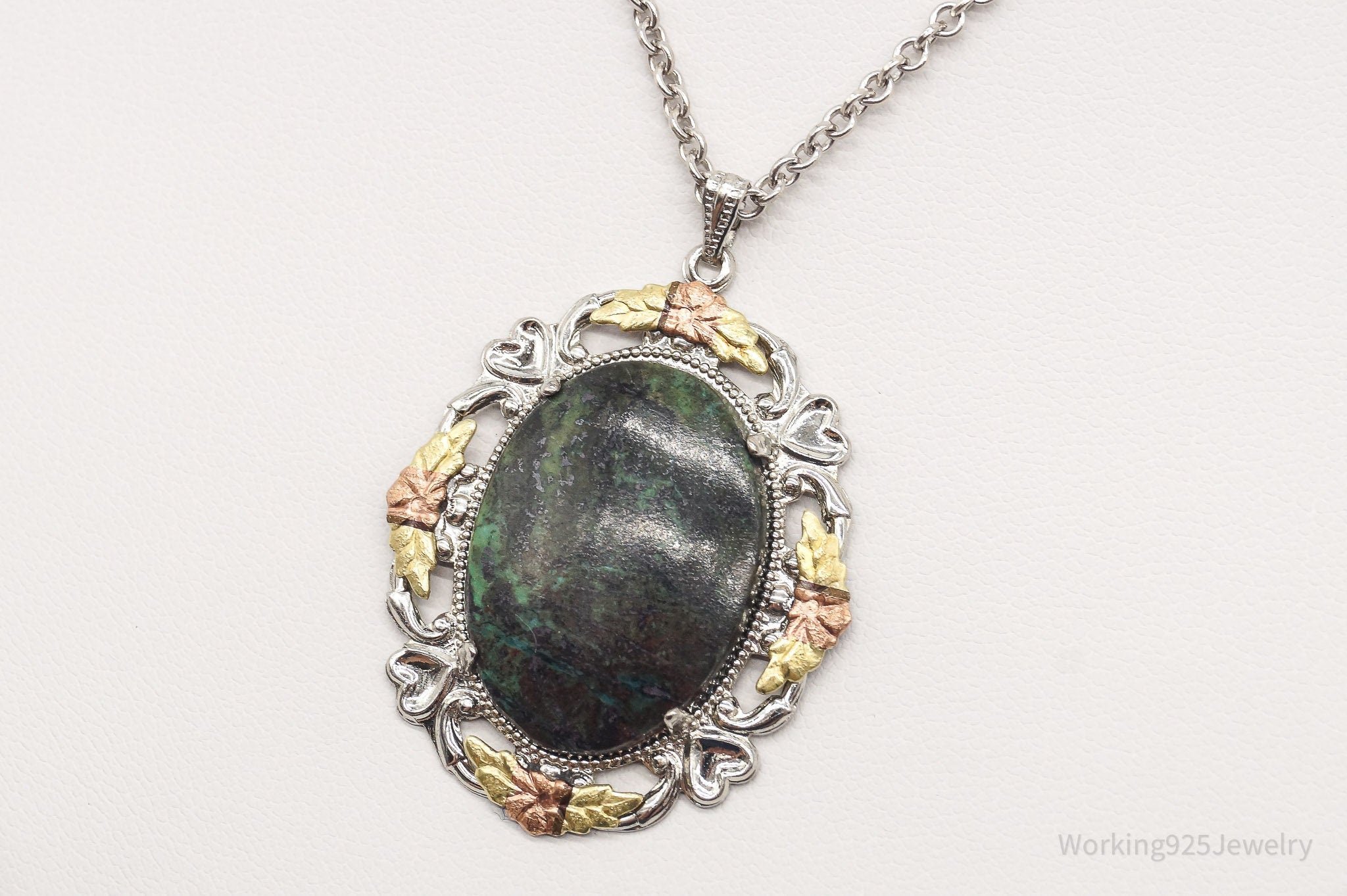 Vintage Green Stone 12K Gold Leaves Sterling Silver Necklace