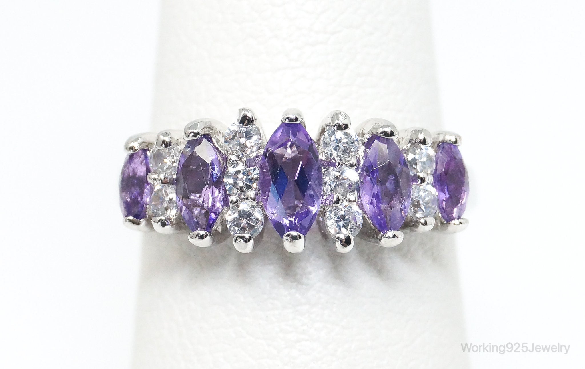 Vintage Art Deco Amethyst Cubic Zirconia Sterling Silver Ring - SZ 5.25