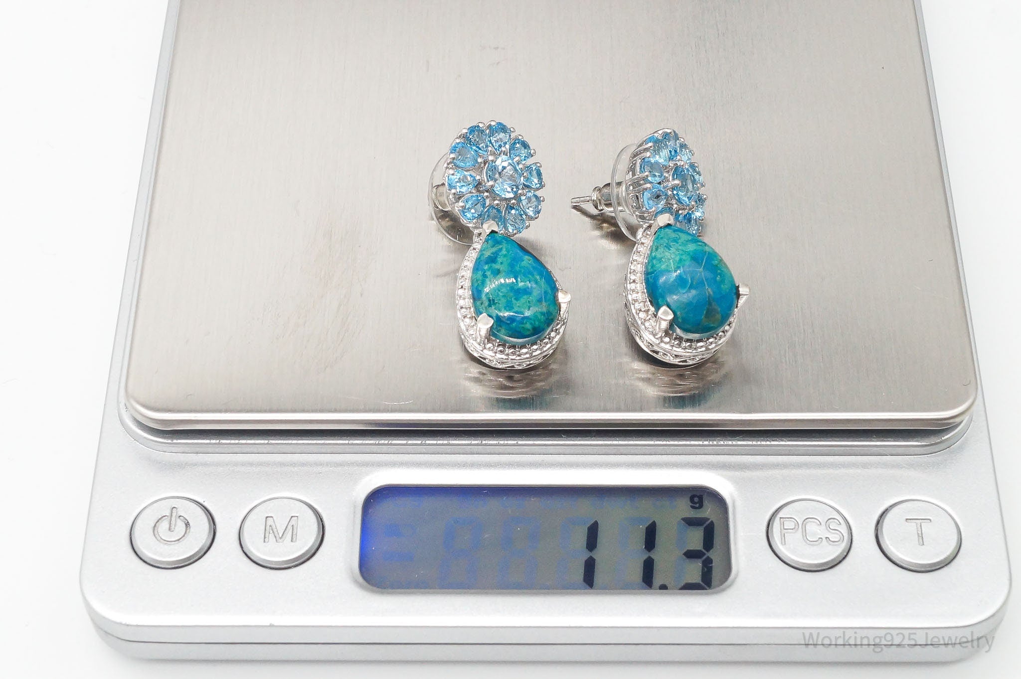 Vintage Blue Topaz Chrysocolla Sterling Silver Flower Earrings