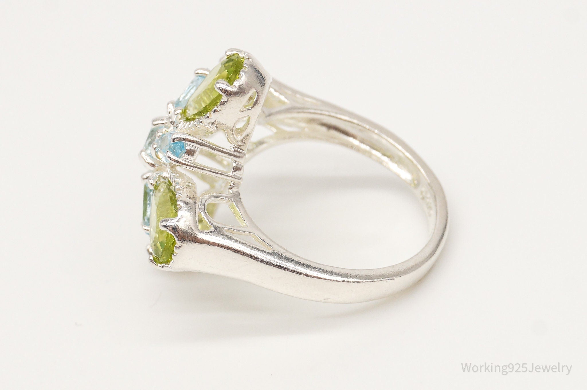 Vintage Designer Blue Topaz Peridot Flower Sterling Silver Ring - Size 6