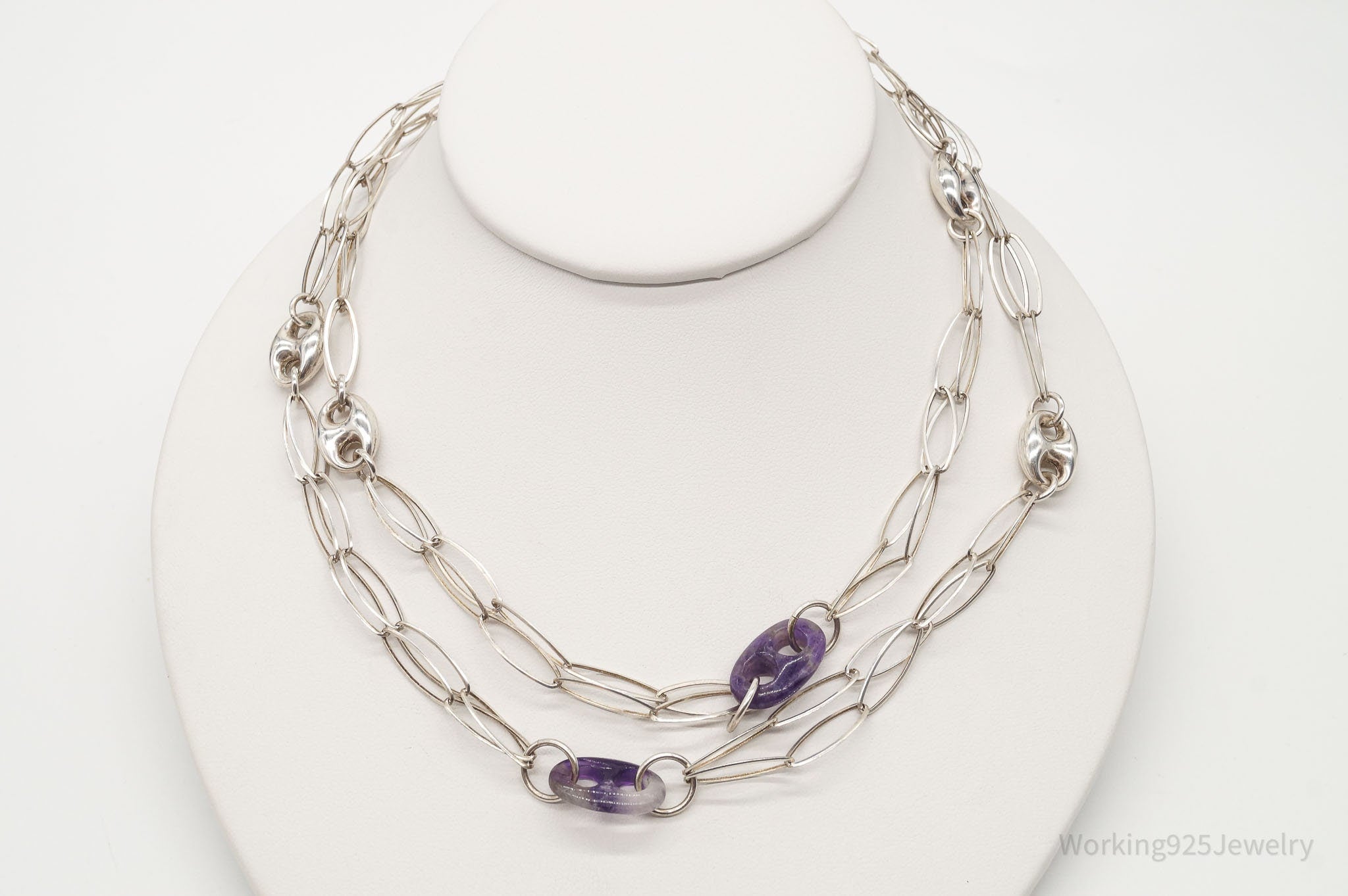 Vintage Amethyst Sterling Silver Chain Necklace 34"