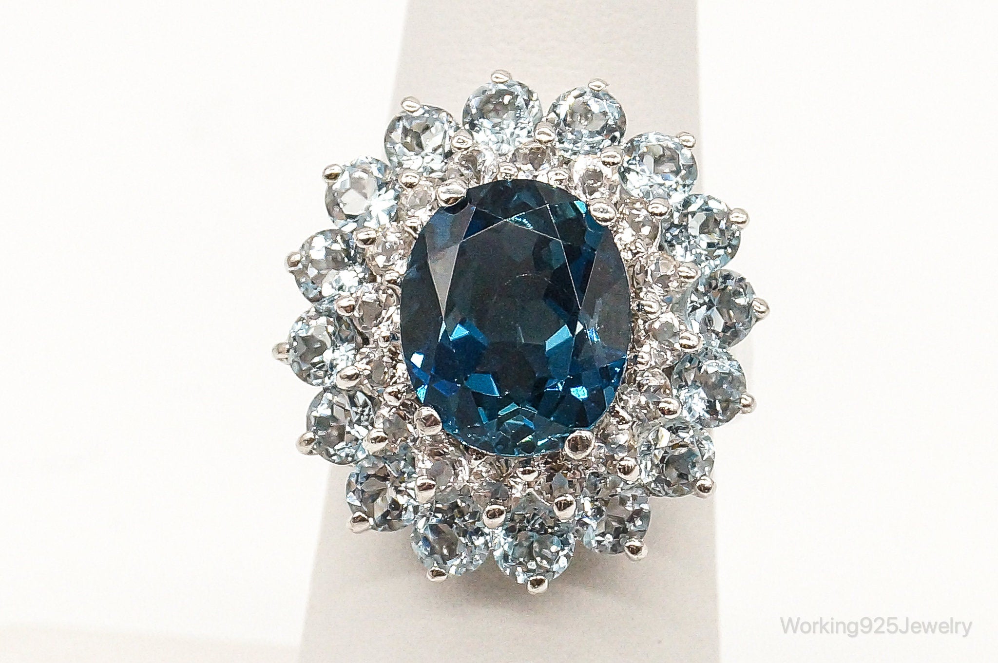 Vintage Large Blue Topaz Cubic Zirconia Sterling Silver Ring - Size 6