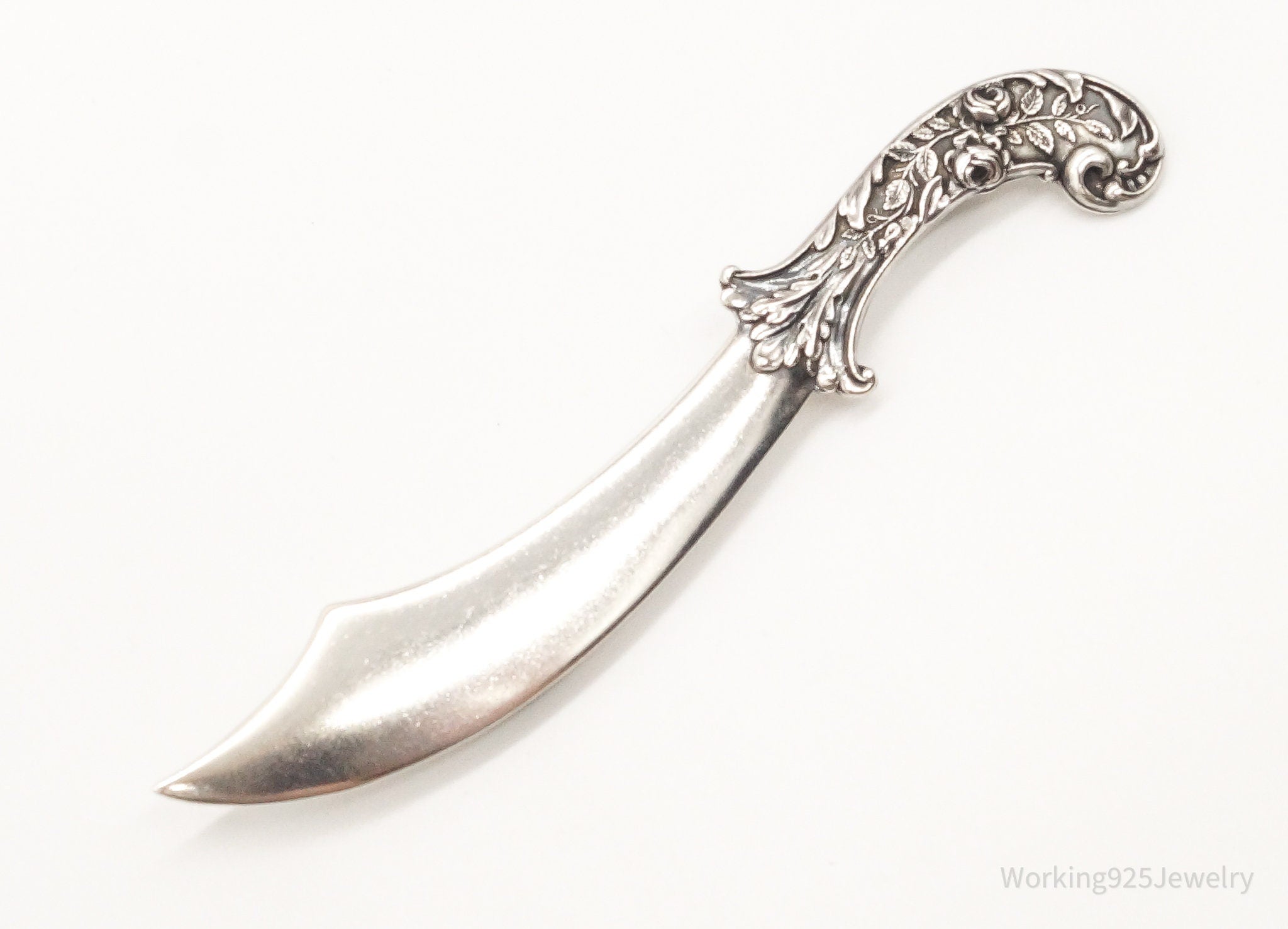 Large 1940s Victorian Revival Scimitar Sword Dagger Sterling Silver Pin Brooch