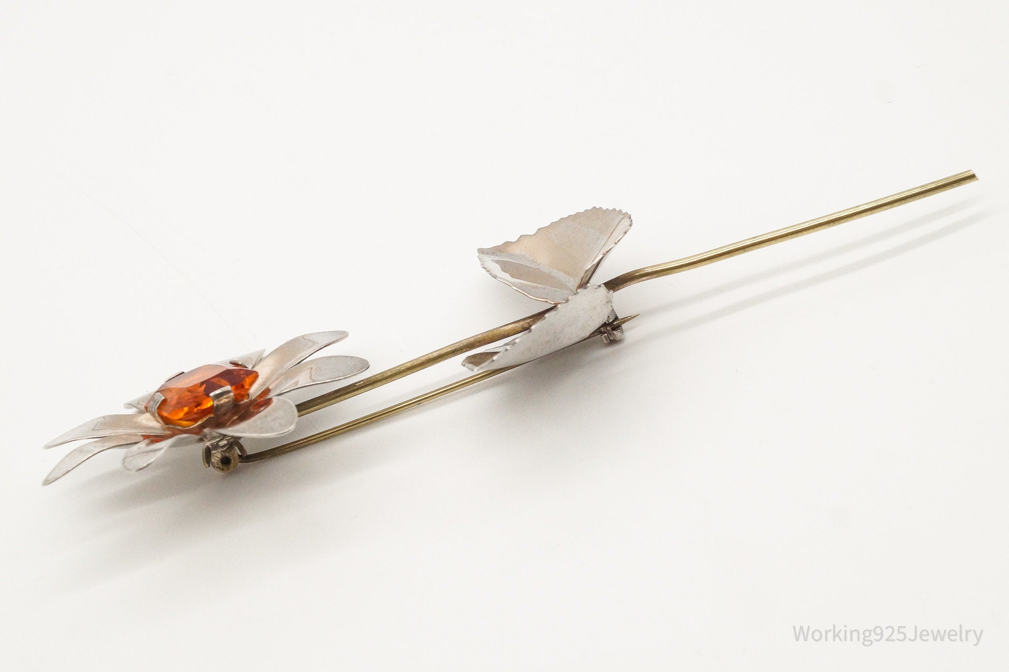 Antique Large Orange Stone Flower Sterling Silver Brooch Pin