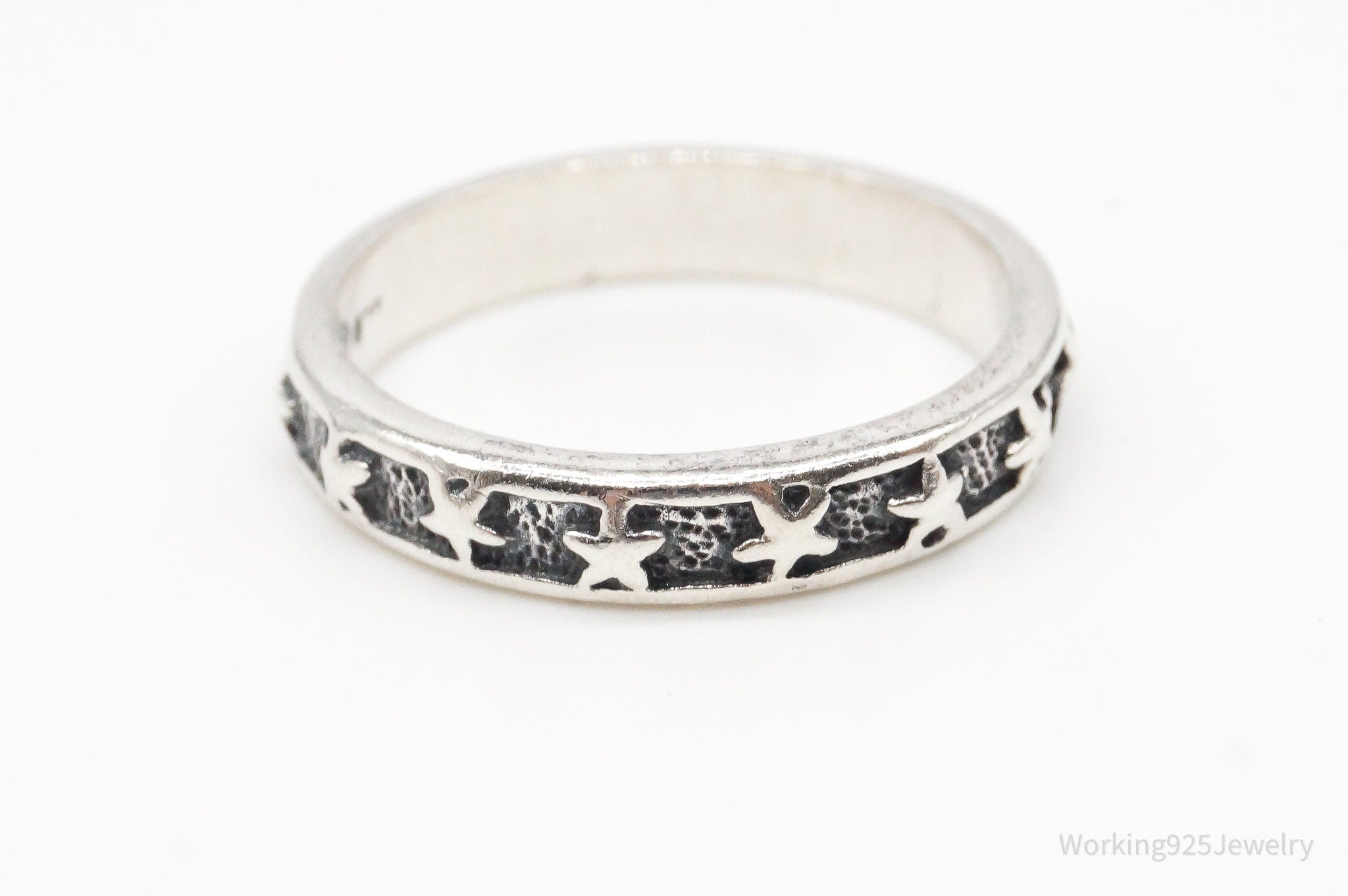 Vintage Designer PSCL Star Pattern Sterling Silver Band Ring - Size 8.25