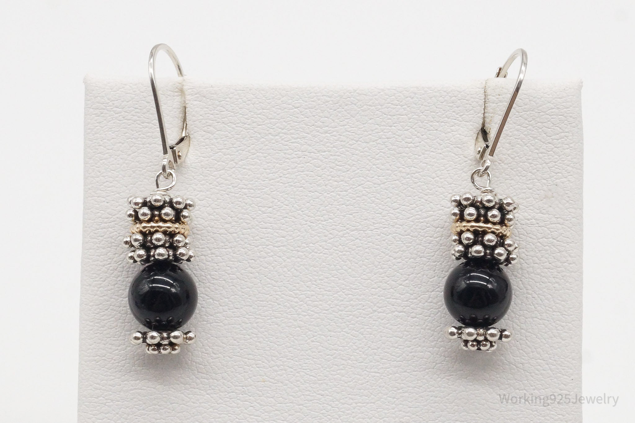 Vintage Black Onyx 14K Gold Granulated Sterling Silver Earrings