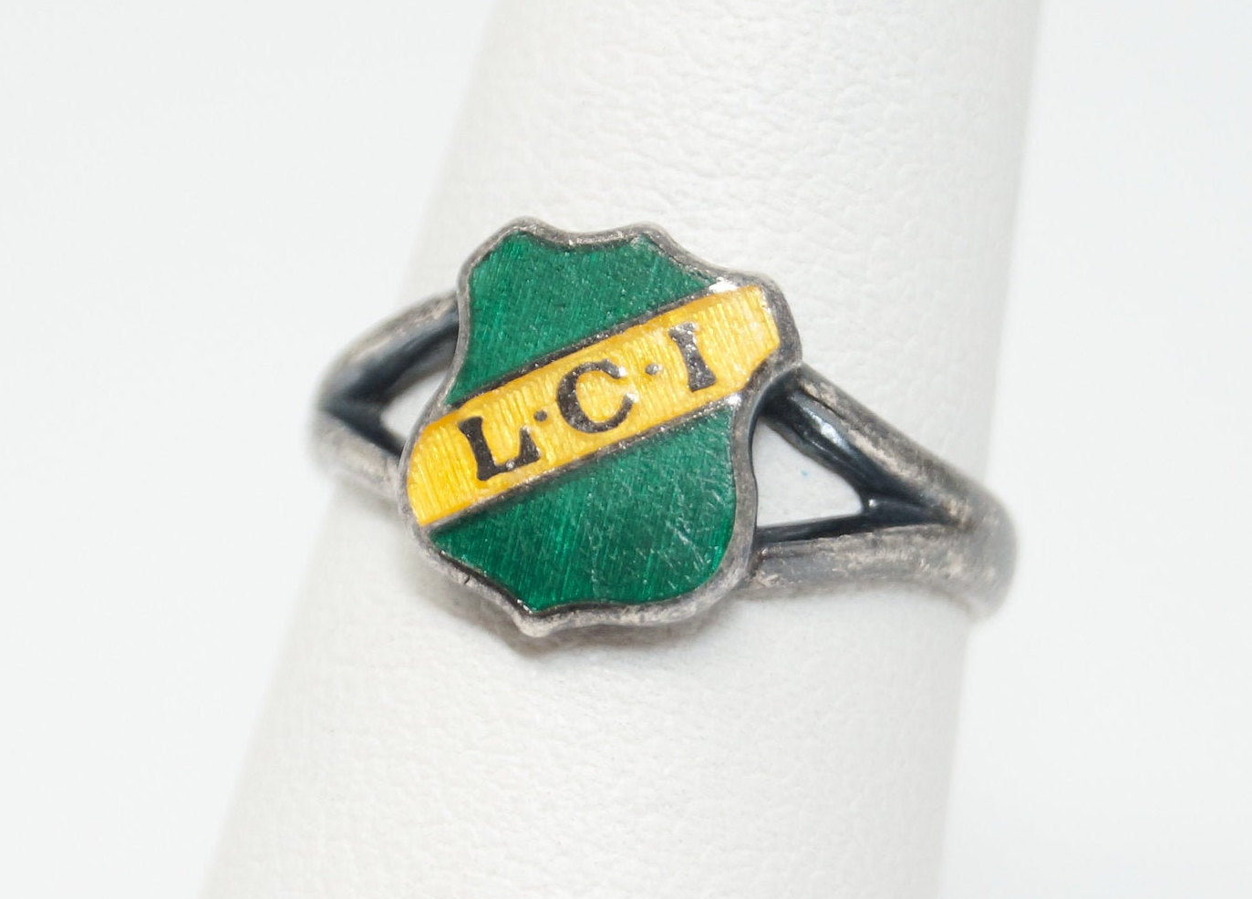 Antique Enamel LCI Shield Sterling Silver Ring - Sz 5.5