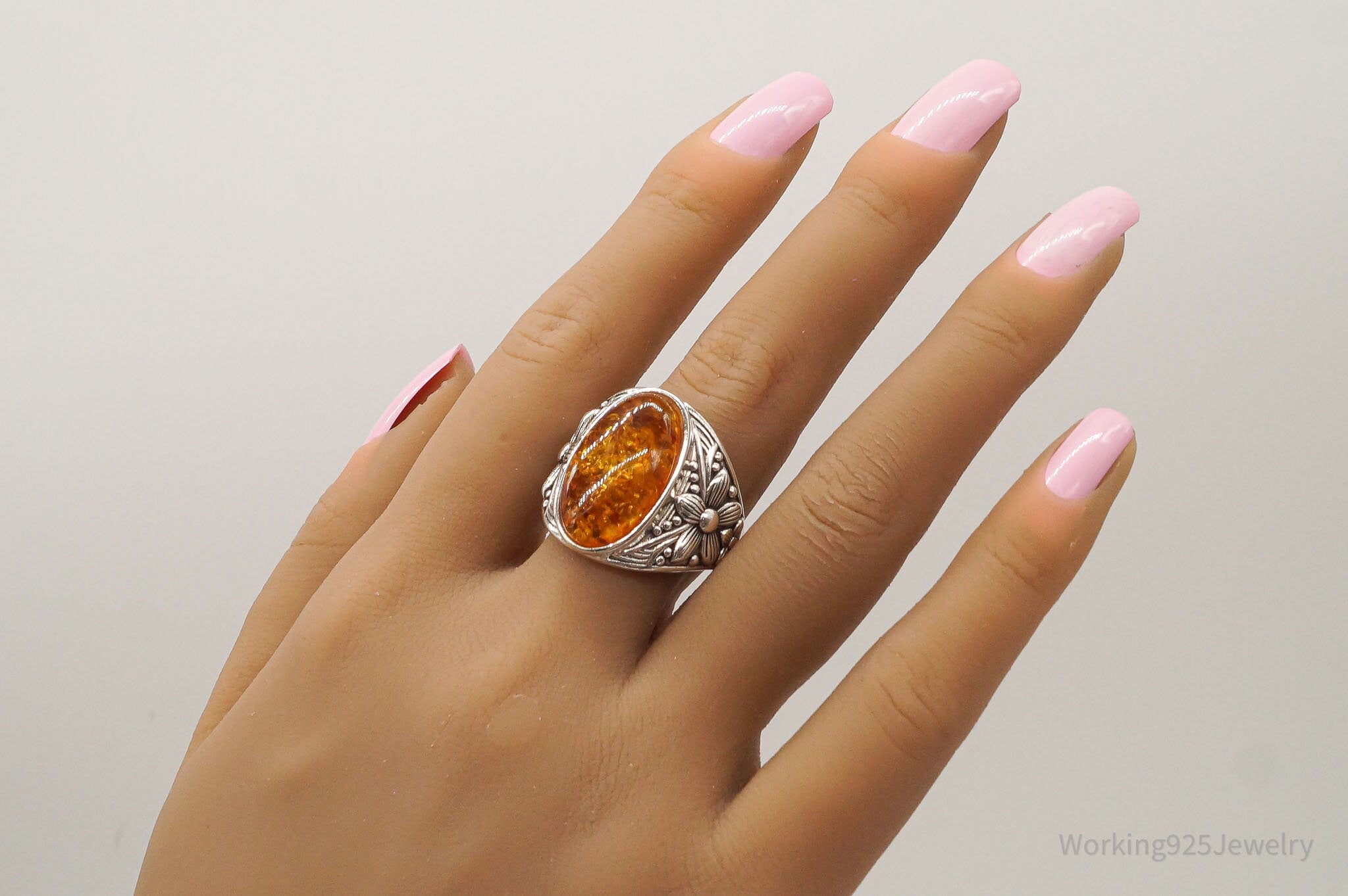 Vintage Designer BBJ Large Amber Sterling Silver Ring - Size 11