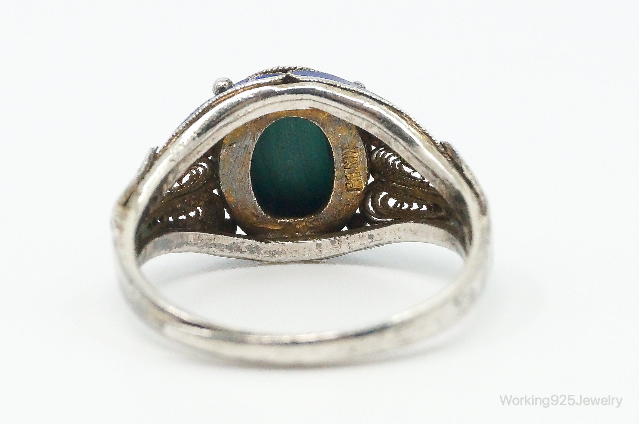 Vintage Chinese Malachite Enamel Filigree Silver Ring - Size 6.5