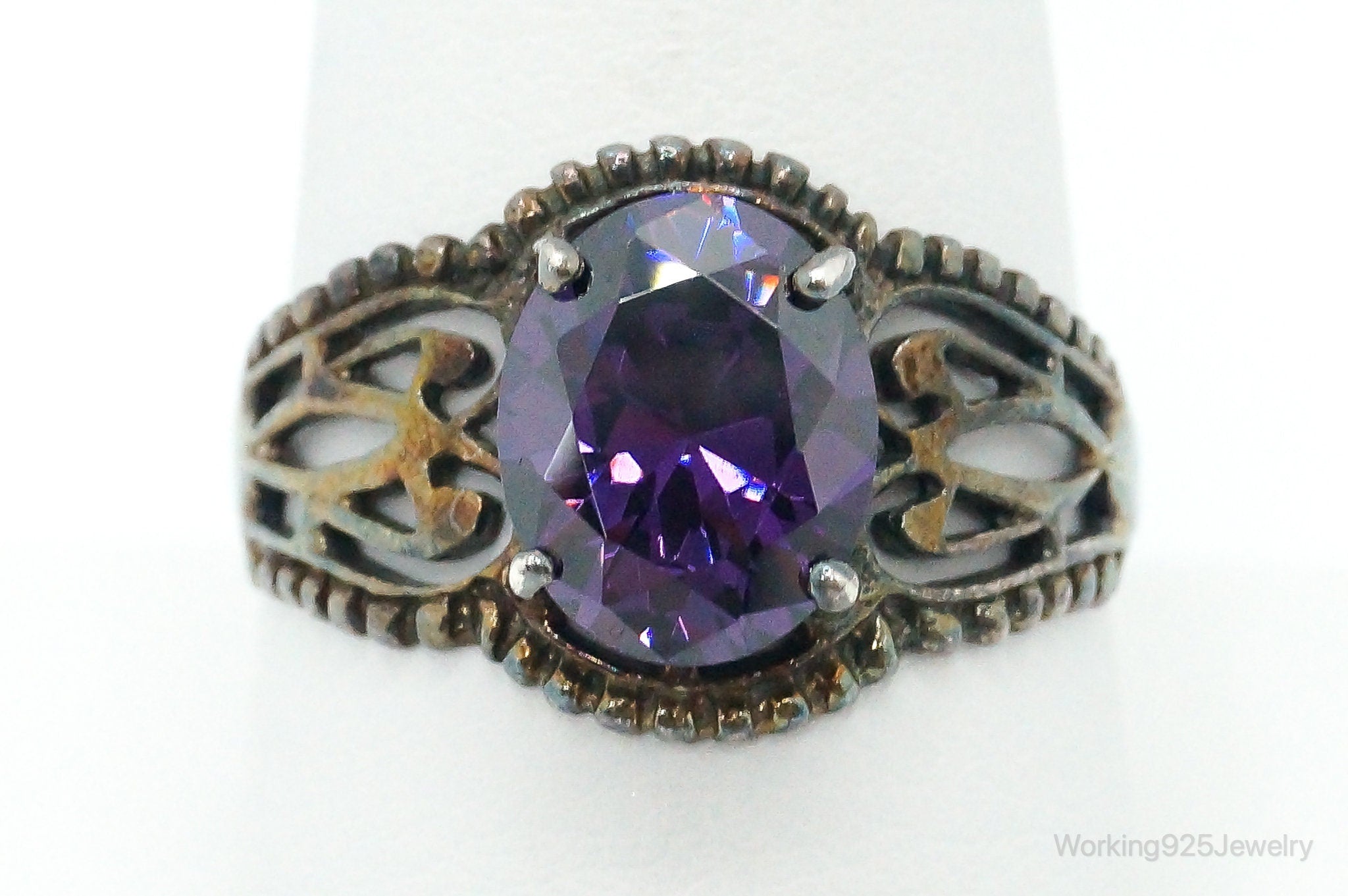 Vintage Amethyst Oxidized Sterling Silver Ring - Size 9