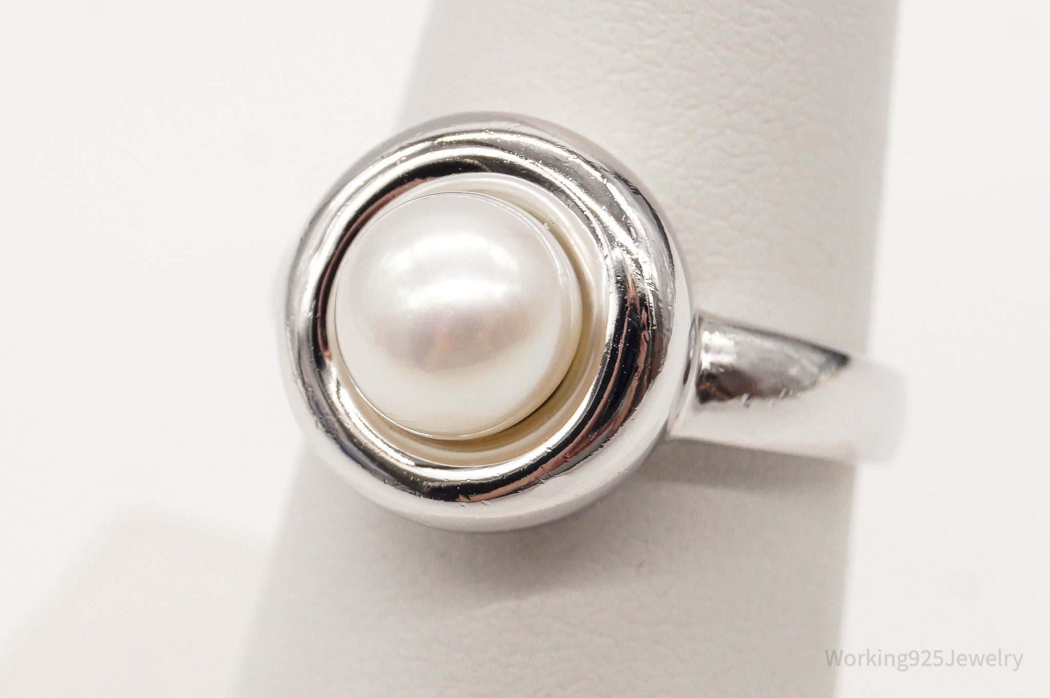 Vintage Designer Pearl Sterling Silver Ring - Size 6.25