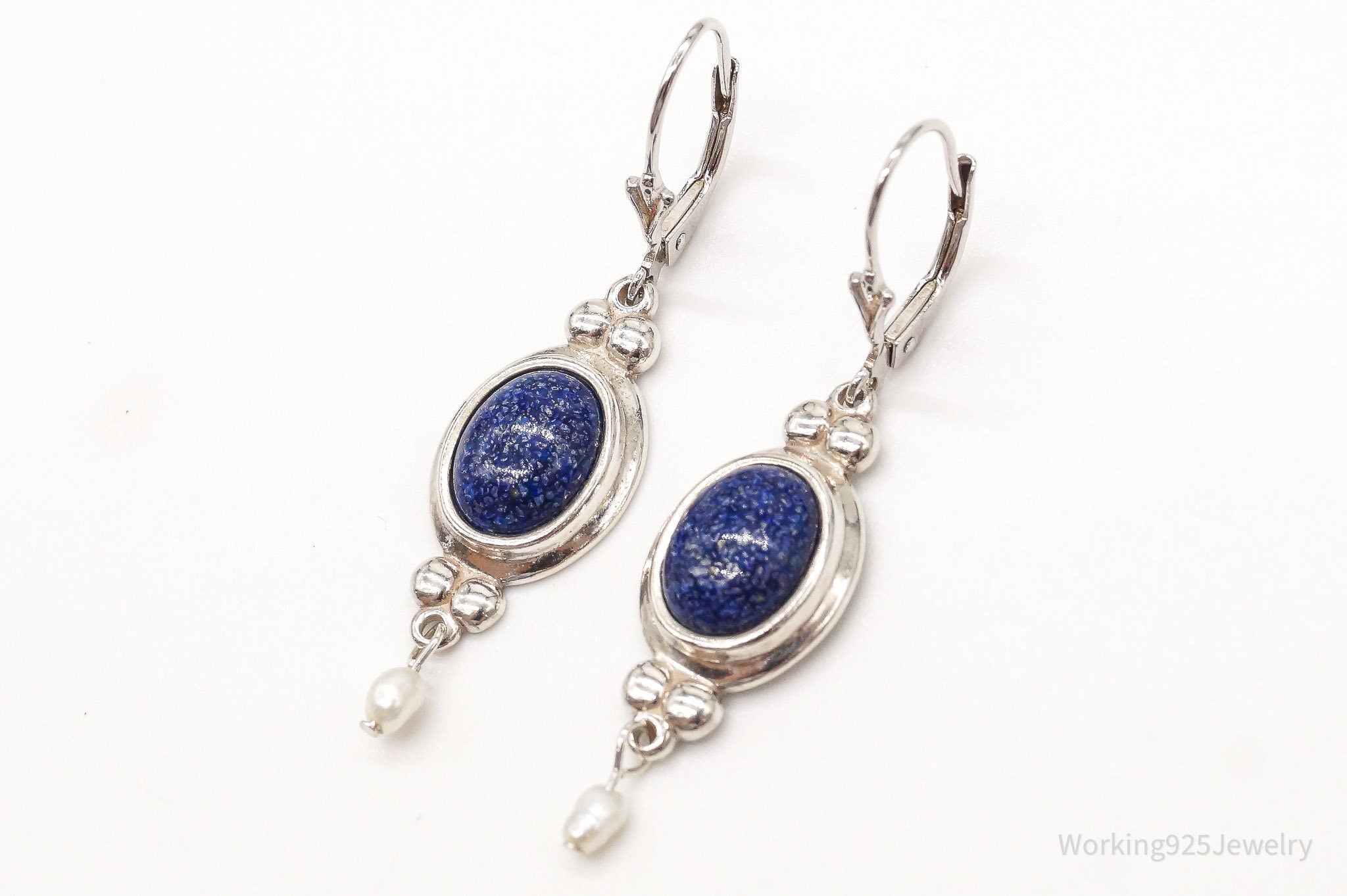 Vintage Designer CCO Lapis Lazuli Pearl Southwestern Sterling Silver Earrings