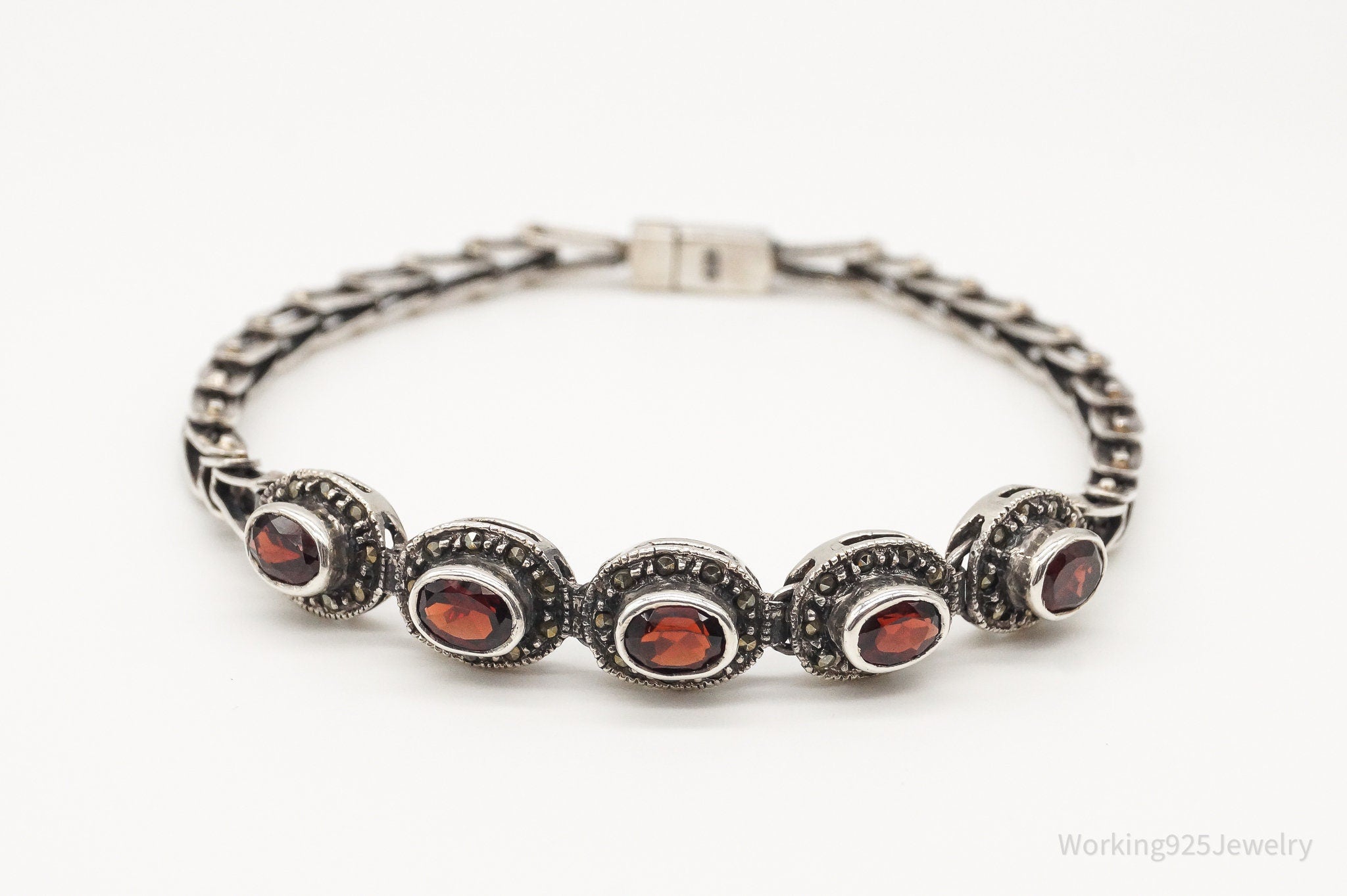 Vintage Art Deco Garnet Marcasite Sterling Silver Bracelet