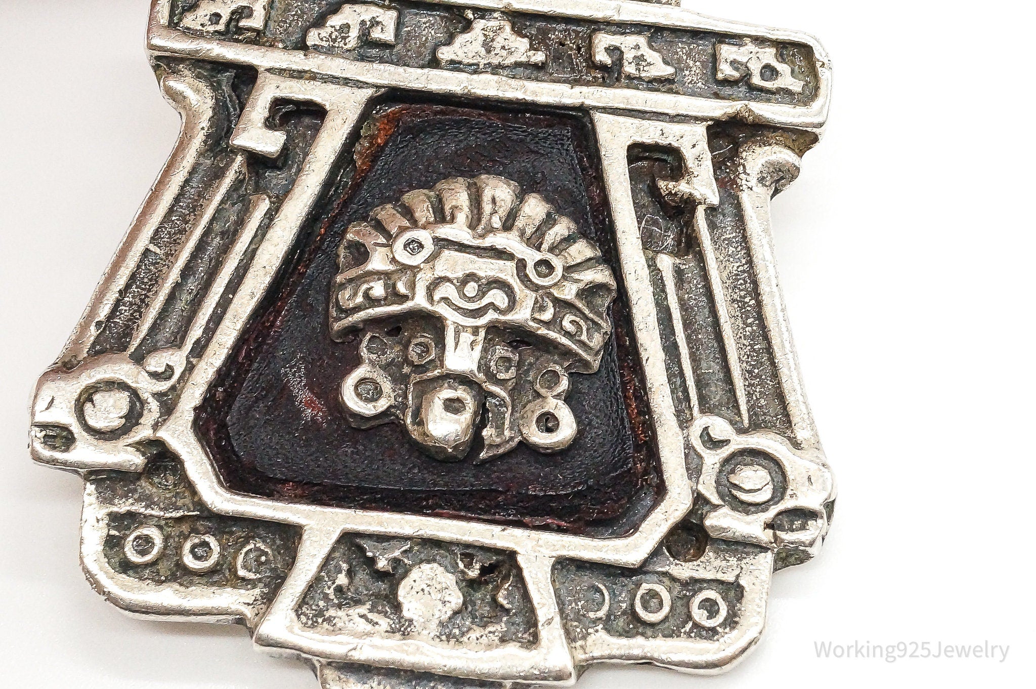 RARE Large Mexico Designer Aduna Aztec Leather Sterling Silver Pendant