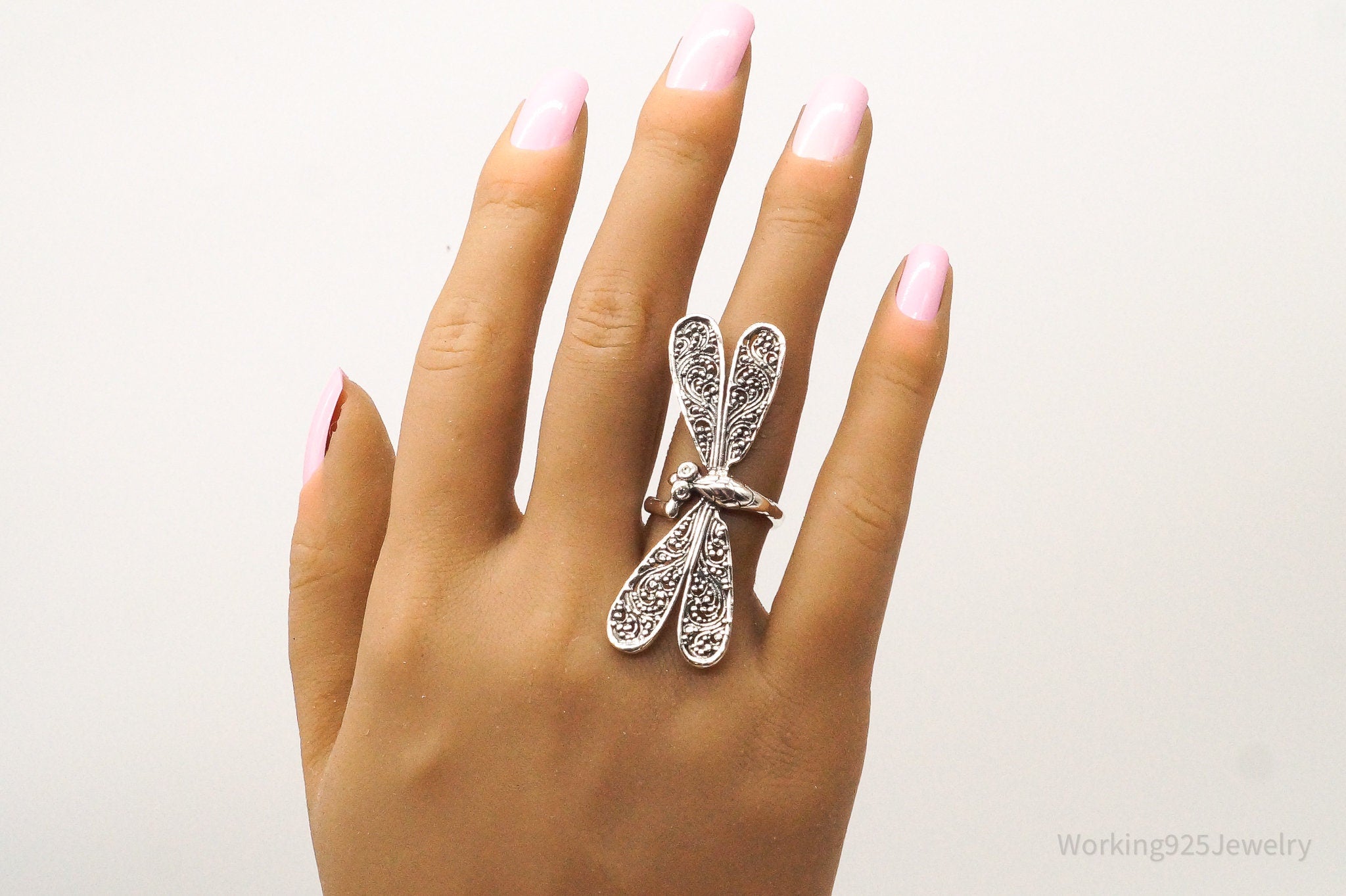 Vintage Cubic Zirconia Large Dragonfly Sterling Silver Ring - Size 7