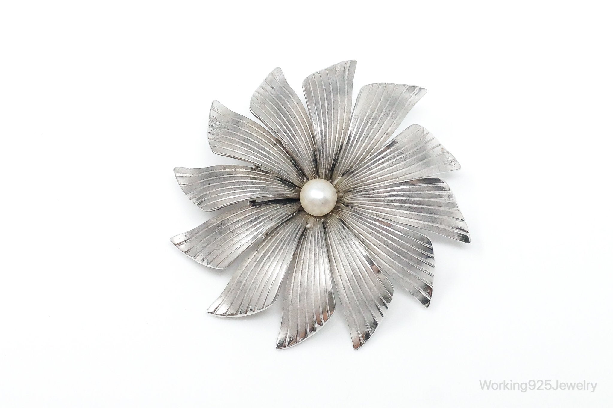 Vintage Designer Carl-Art Pearl Flower Sterling Silver Brooch Pin