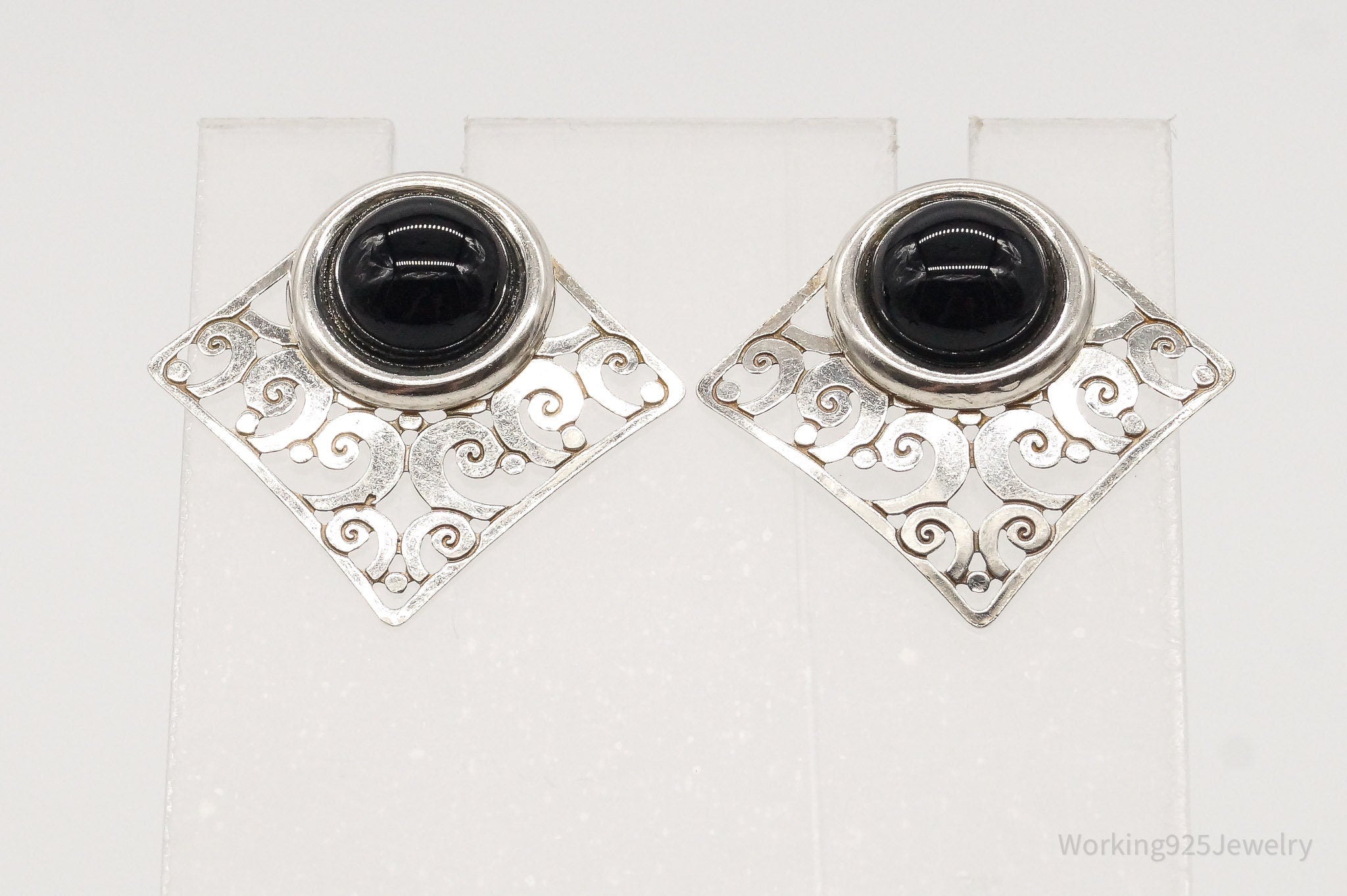 Vintage Black Onyx Filigree Sterling Silver Earrings