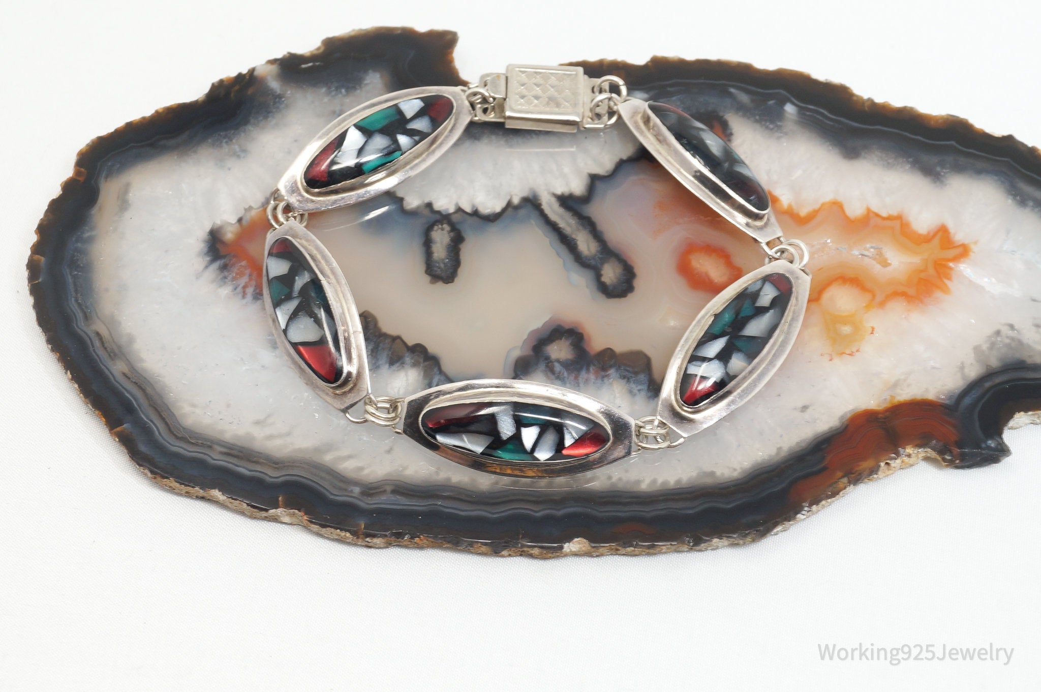 Vintage Israel Handmade Multi Gem Sterling Silver Southwestern Bracelet