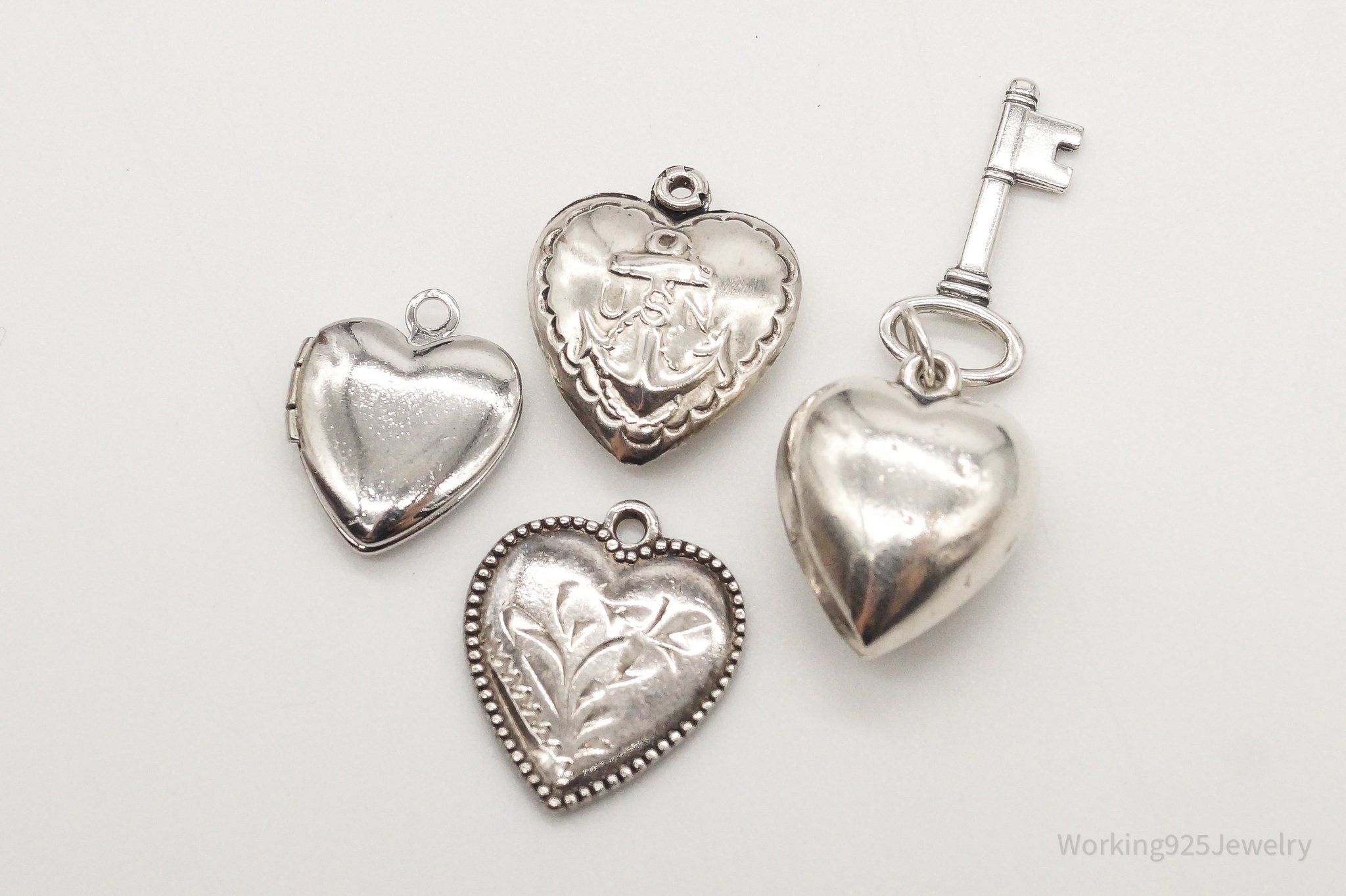 Antique Puffy Hearts Sterling Silver Charms Set Lot