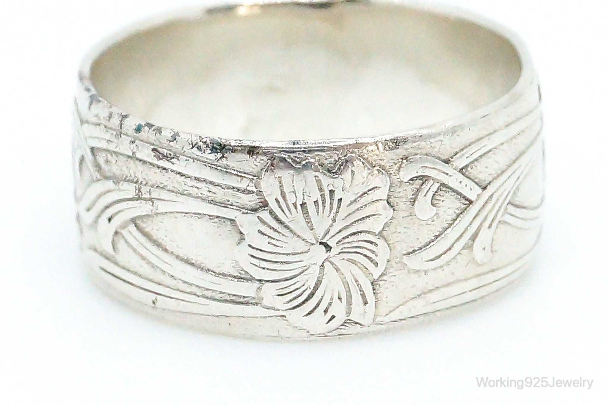 Antique Floral Design Sterling Silver Band Ring - Size 4.5