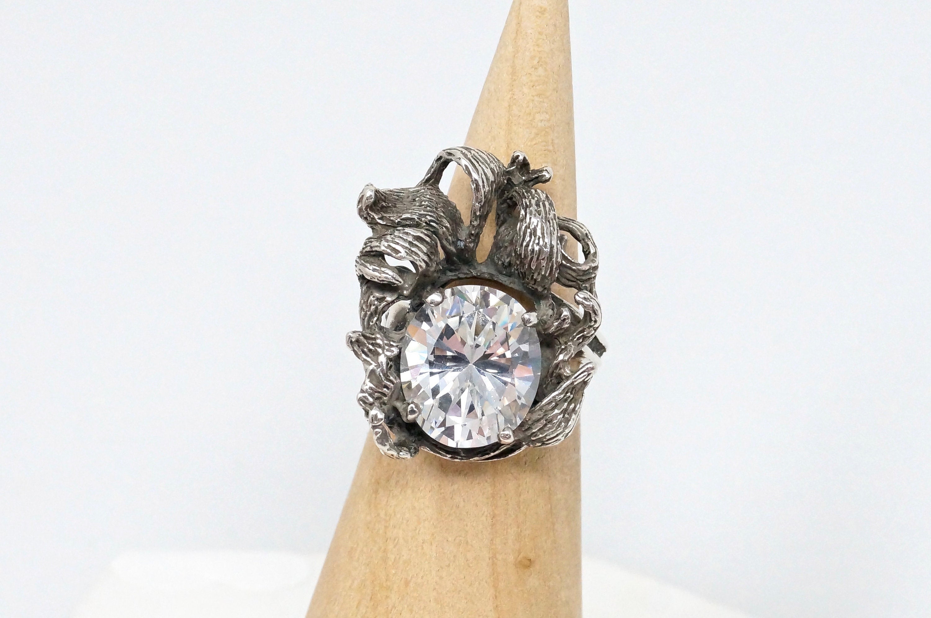 Vintage Art Nouveau Motif CZ Oxidized Sterling Silver Statement Ring - Size 6