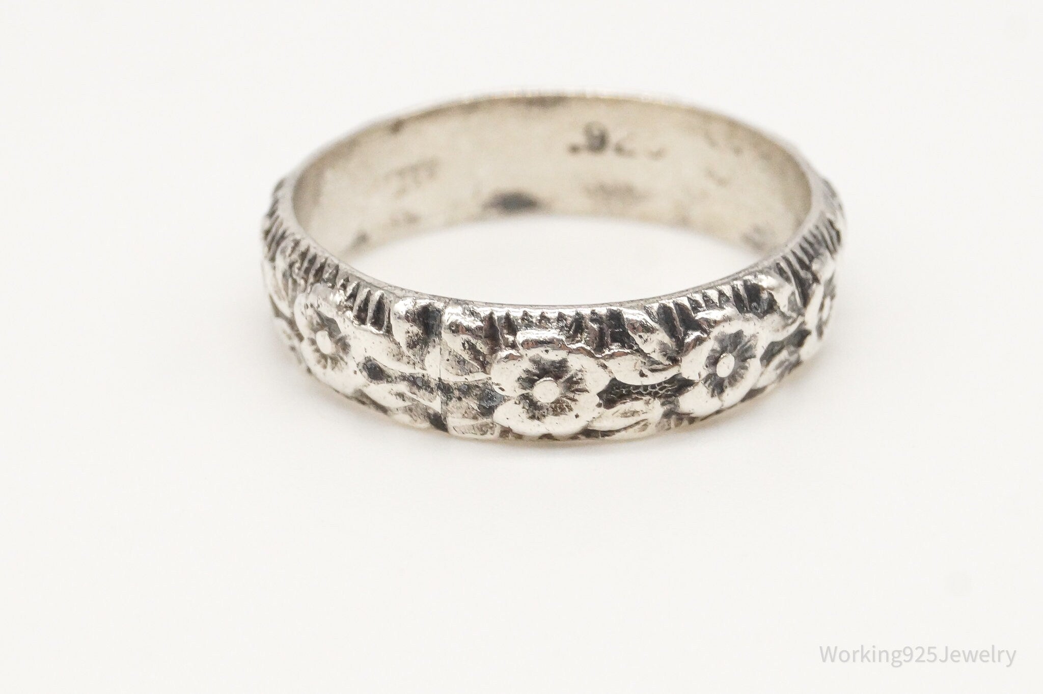 Vintage Flowers Sterling Silver Band Ring - Size 7