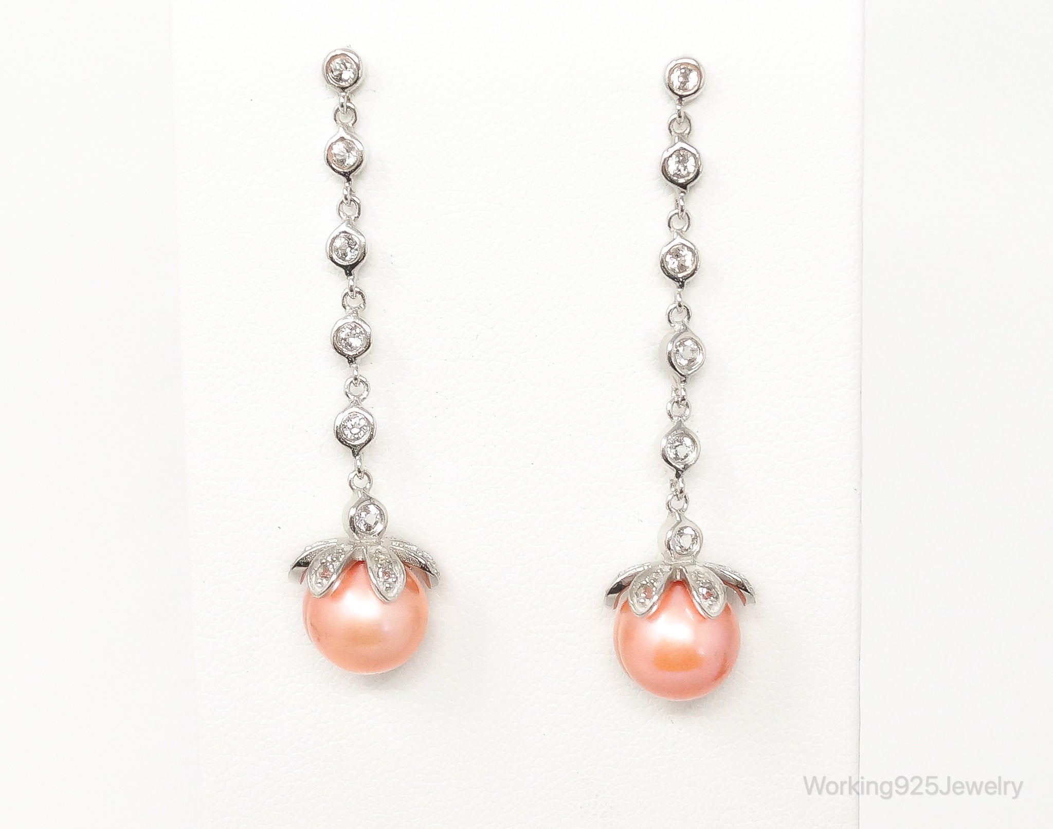 Italian Designer Peach Pearl Cubic Zirconia Sterling Silver Earrings