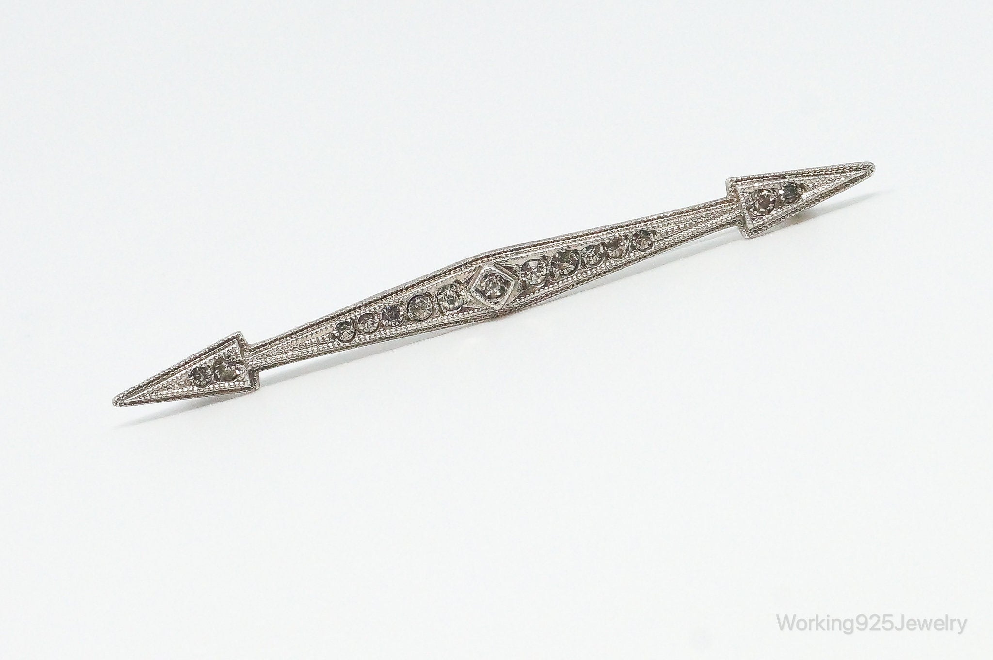 Antique Designer Cubic Zirconia Sterling Silver Brooch Pin Bar