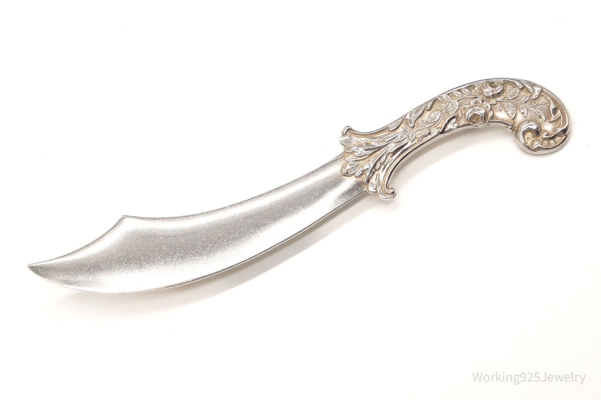 Large 1940s Victorian Revival Scimitar Sword Dagger Sterling Silver Pin Brooch