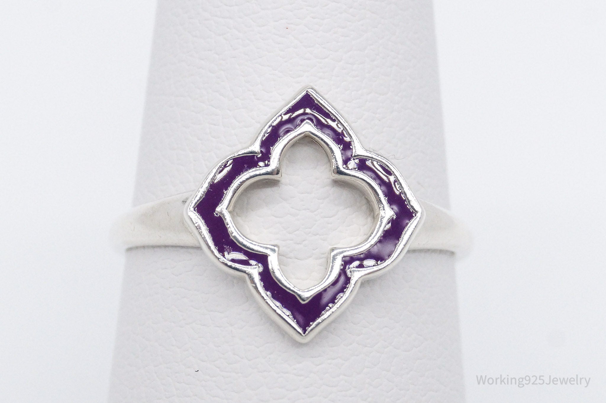 Vintage Designer Boma Purple Enamel Clover Sterling Silver Ring - Size 7