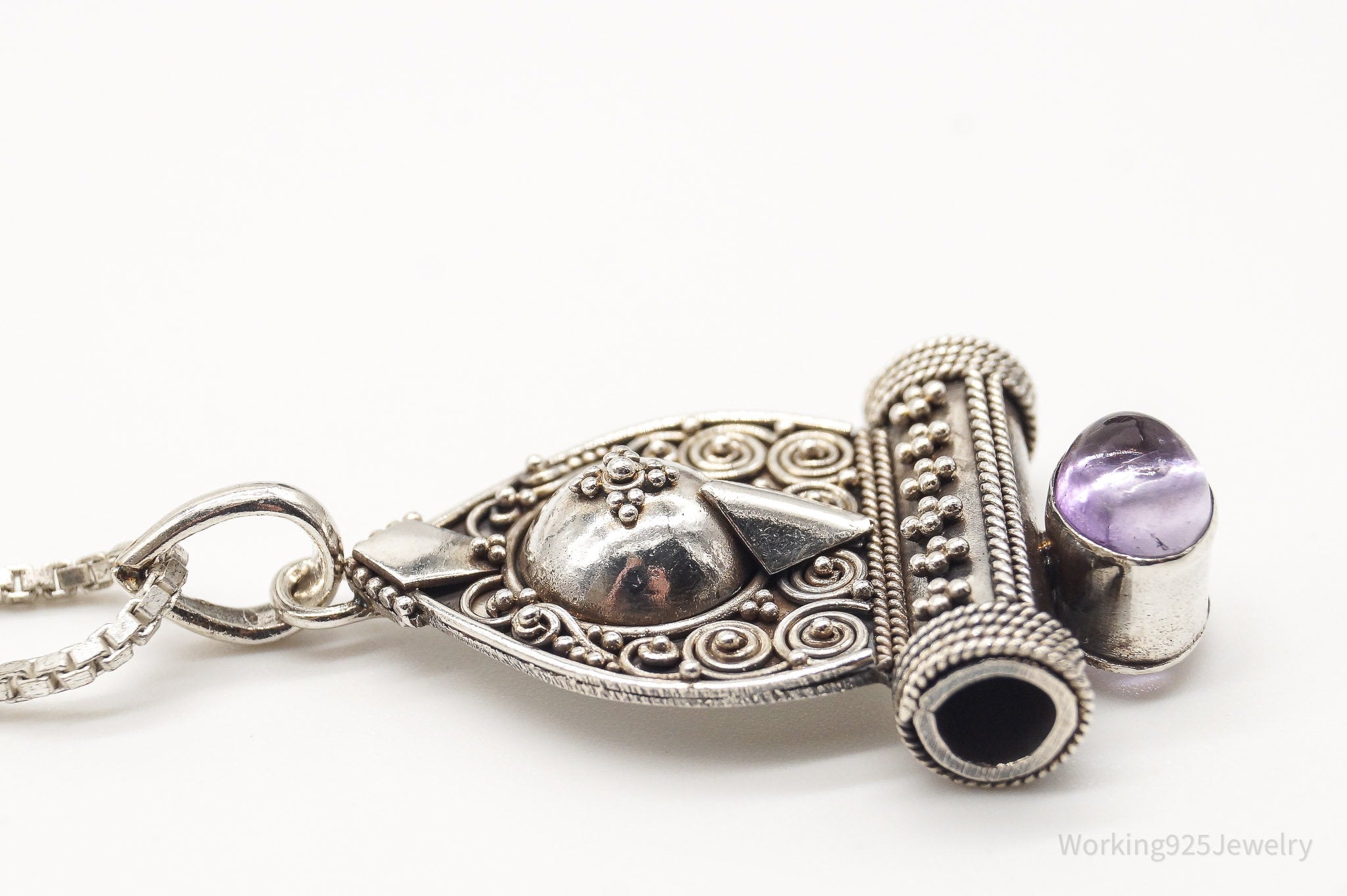 Vintage Amethyst Bali Style Filigree Sterling Silver Necklace