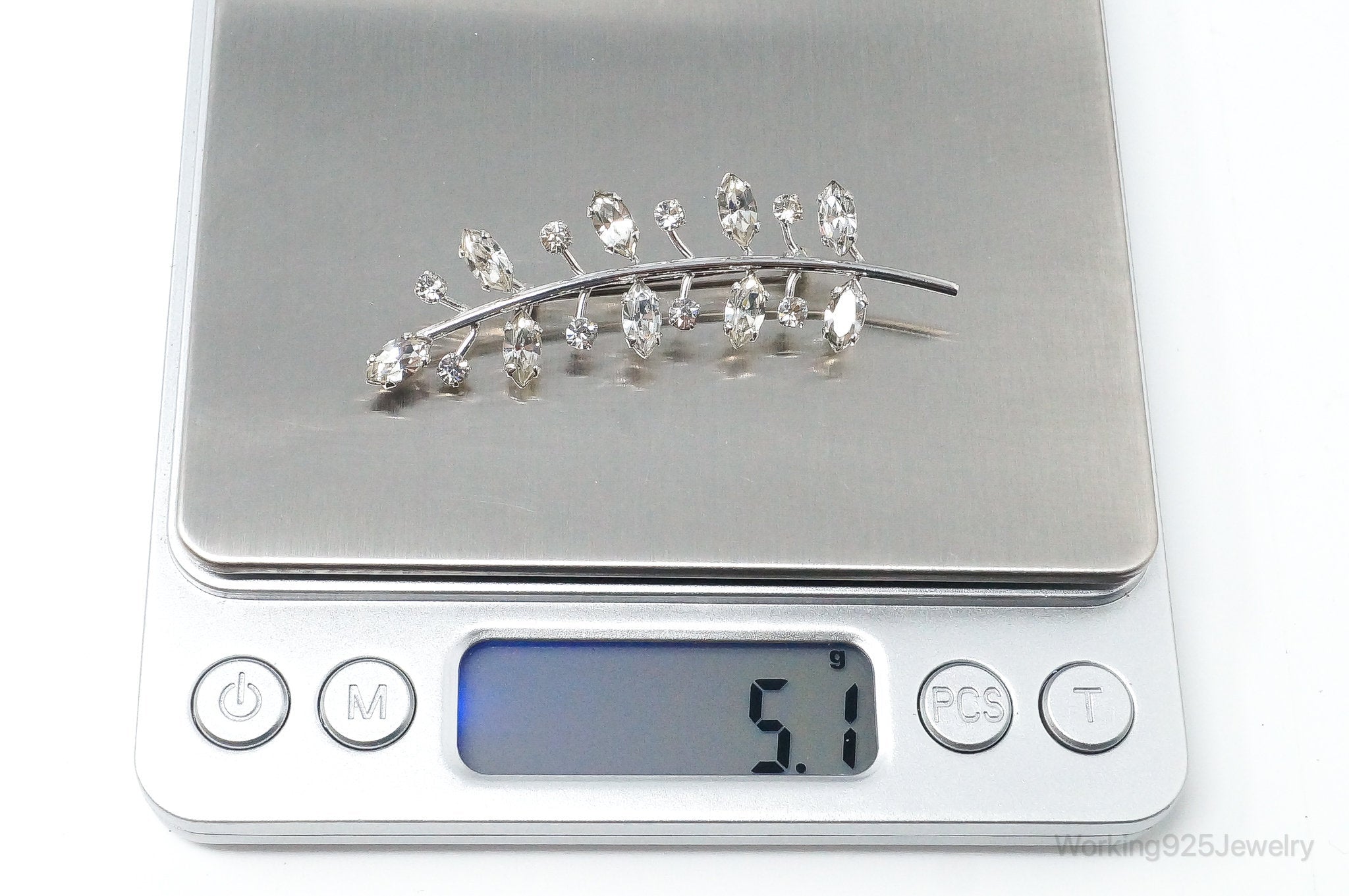 Vintage Designer Lang Rhinestone Leaf Branch Sterling Silver Brooch Pin