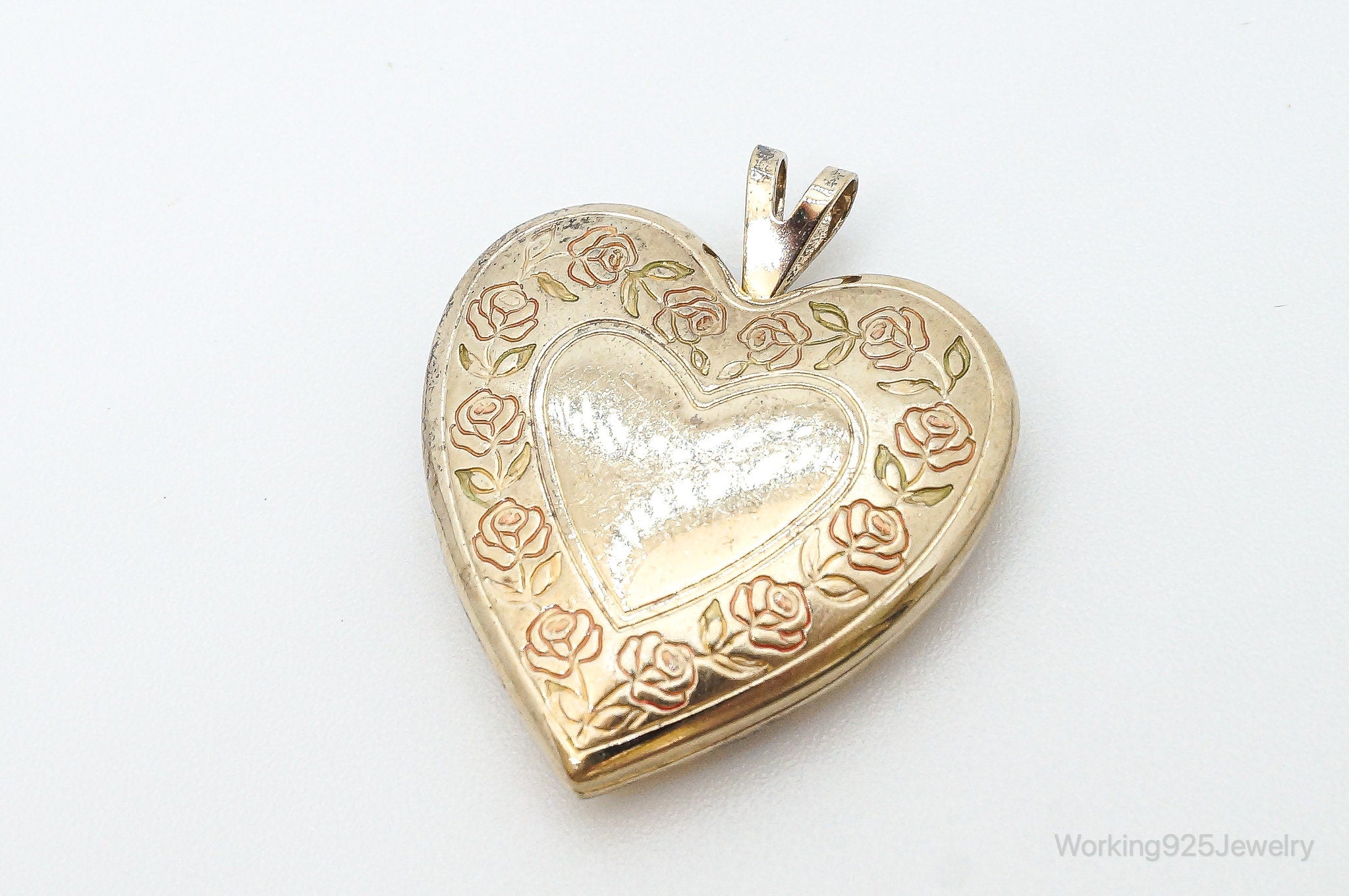 Antique GF Rose Etched Sterling Silver Heart Picture Locket Pendant