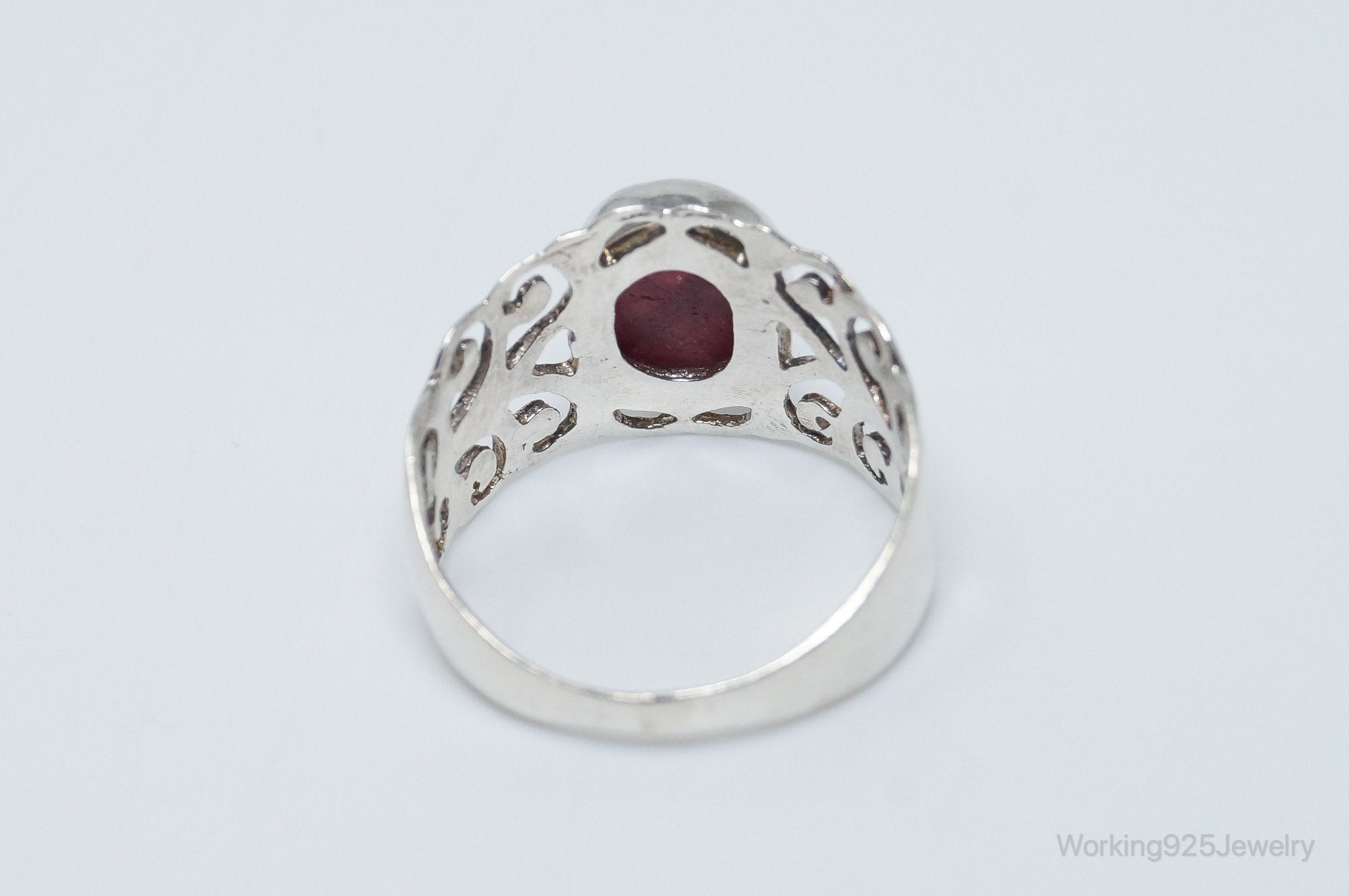 Vintage Art Deco Ruby Scroll Sterling Silver Ring - Size 8