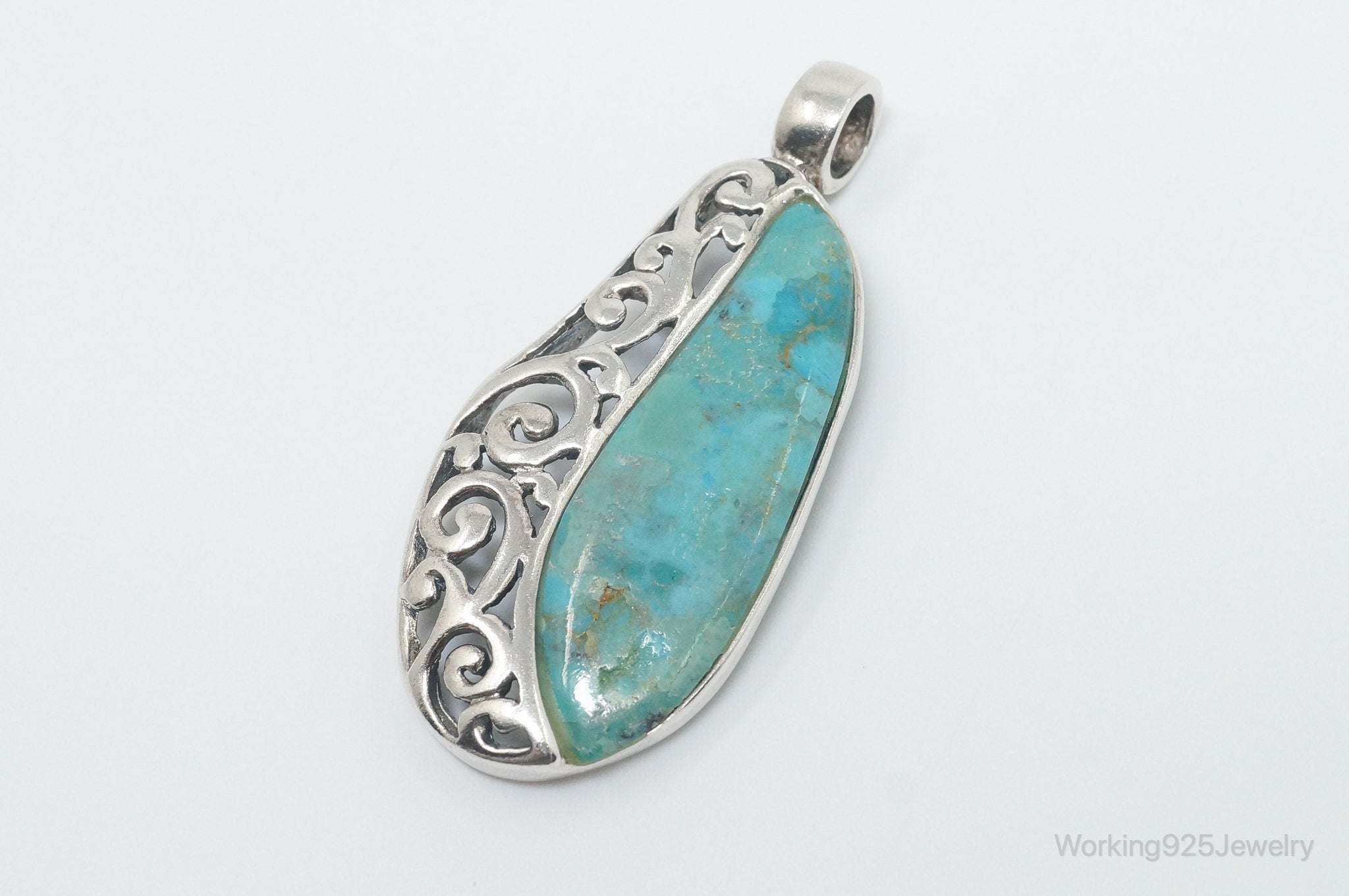 Large Vintage Turquoise Scroll Sterling Silver Southwestern Pendant