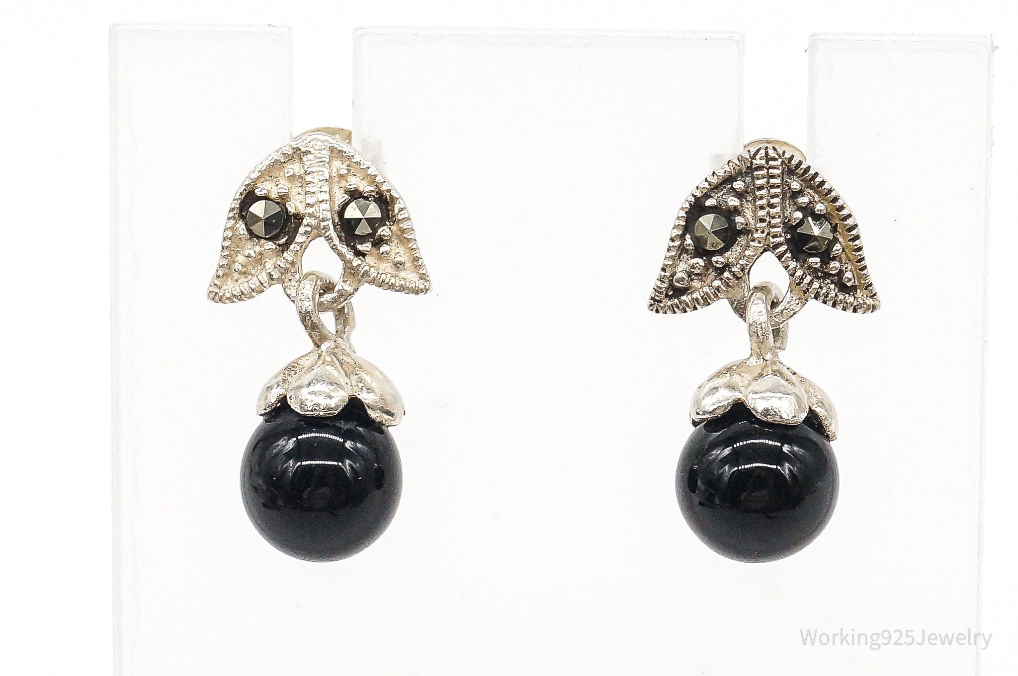 Vintage Black Onyx Marcasite Sterling Silver Earrings