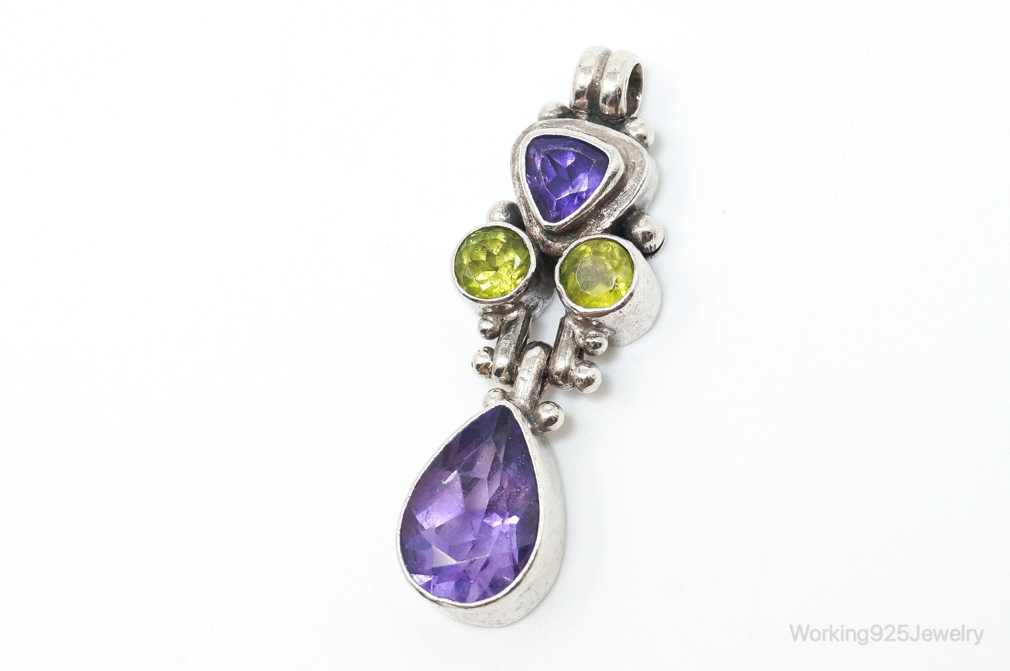 Vintage Amethyst Peridot Sterling Silver Bali Style Necklace Pendant