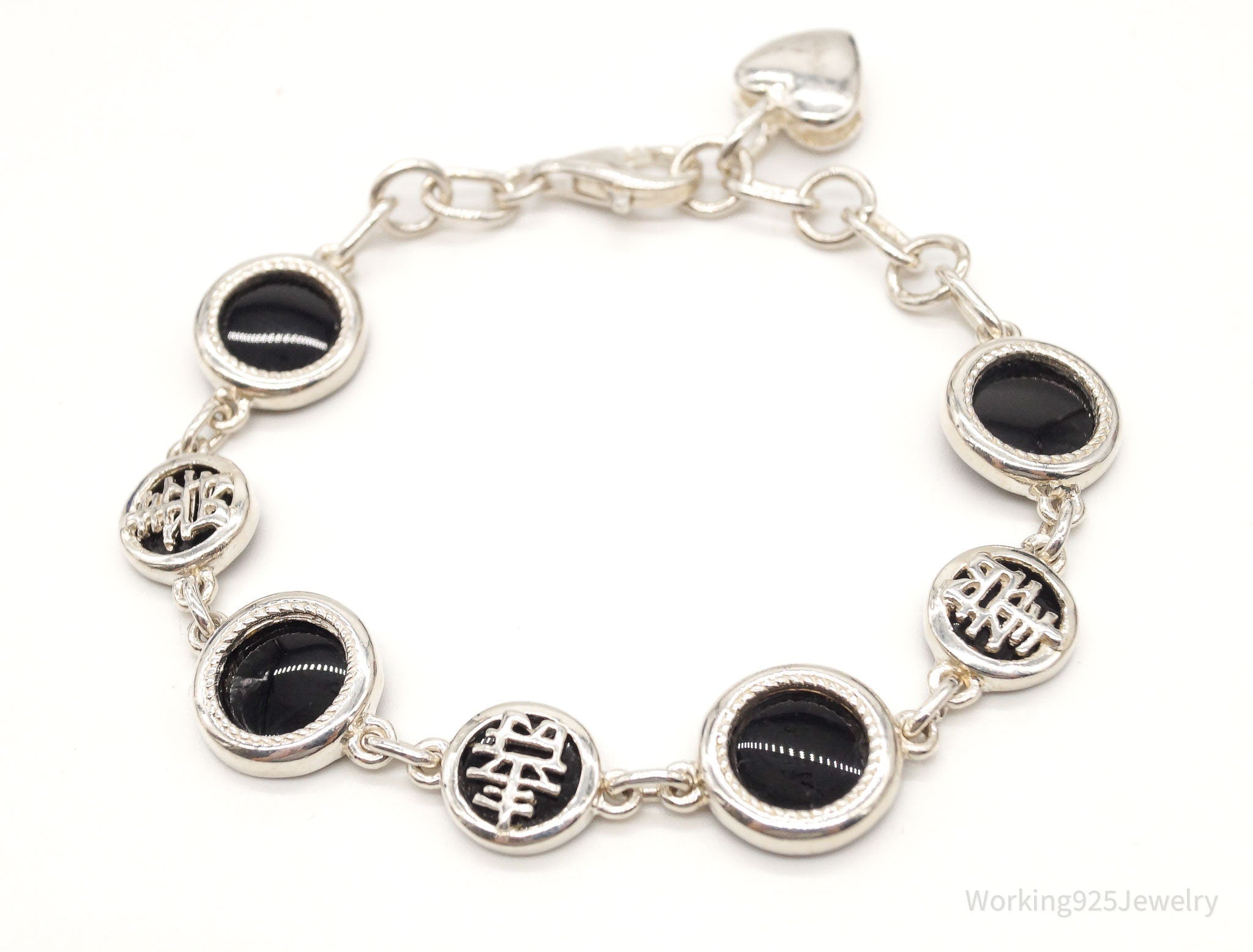 Vintage Black Onyx Good Fortune Sterling Silver Bracelet