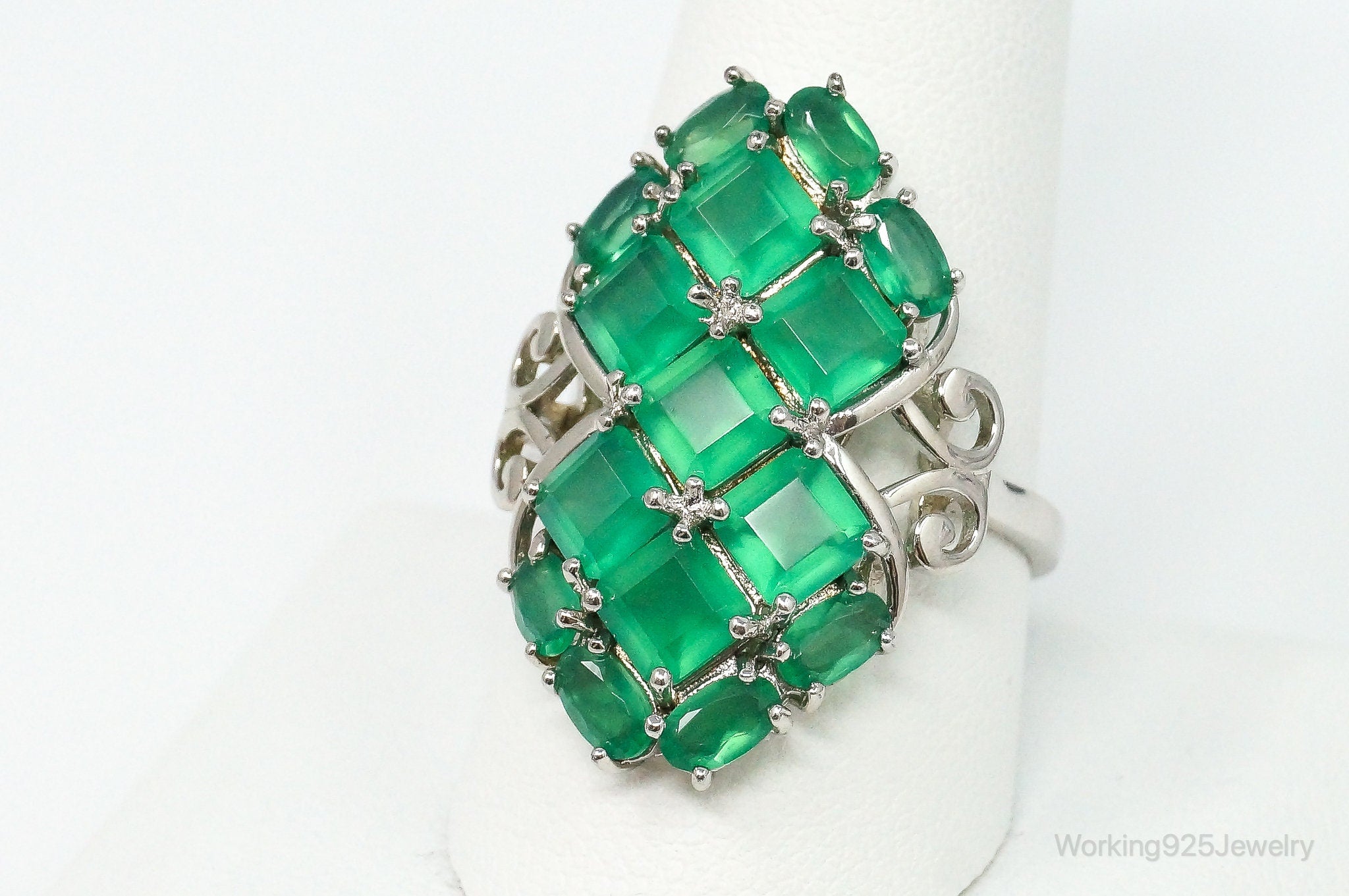 Vintage Designer DK Green Chalcedony Sterling Silver Ring - Size 10