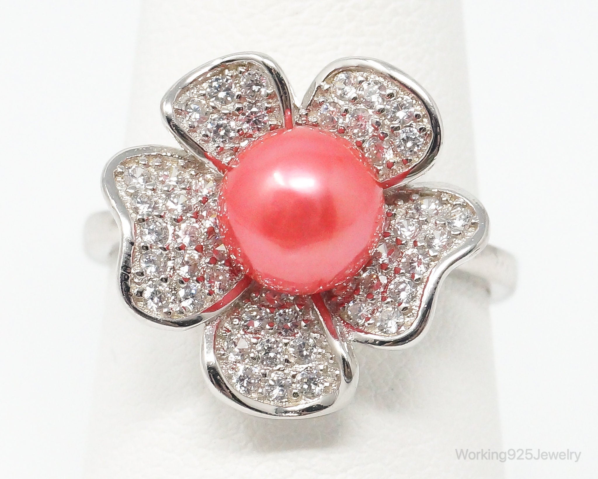 Lab Pearl Cubic Zirconia Sterling Silver Flower Ring - Size 7.25 Adjustable