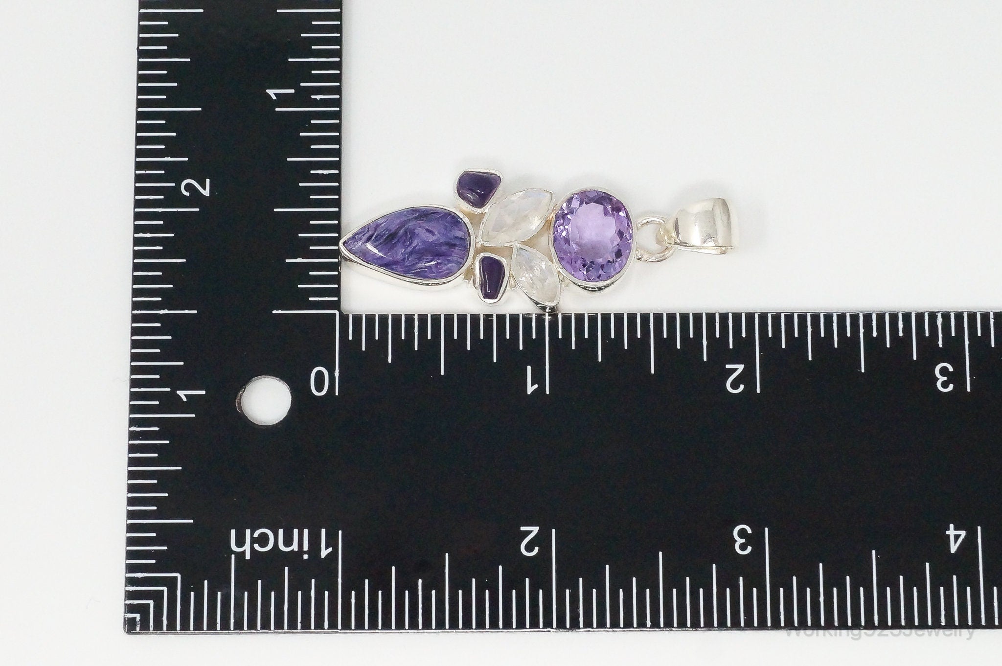 Large Vintage Charoite Amethyst Moonstone Sterling Silver Necklace Pendant