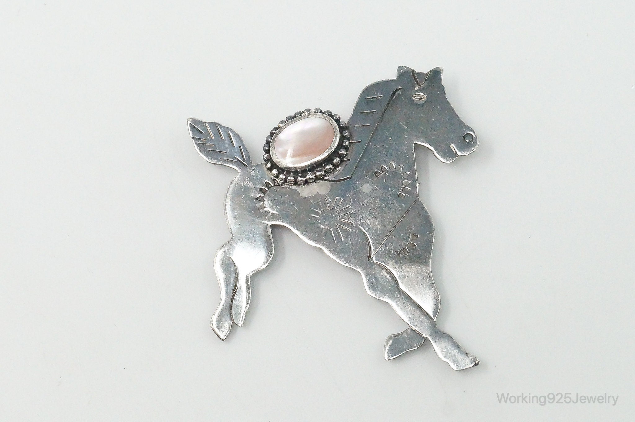 Vintage Designer Boma Pink Mother Of Pearl Horse Sterling Silver Brooch Pin